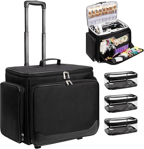 Estuche de maquillaje con ruedas, bolsa de viaje profesional para estilista, estuche de cosmetología extra grande sobre ruedas, bolsa de peluquería