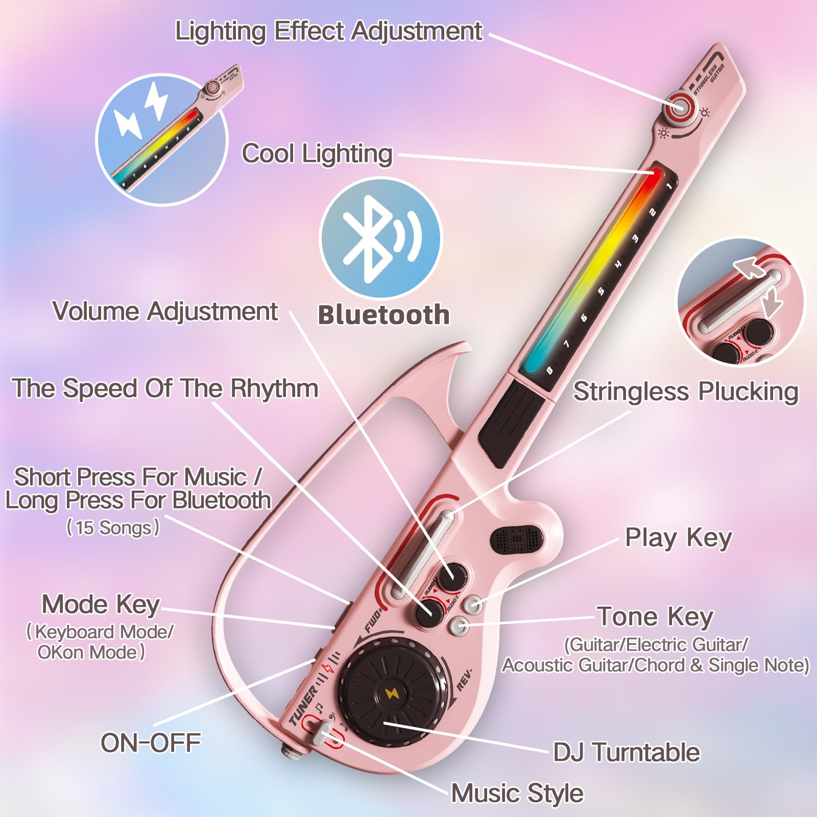 RedCrab Children's Musical Guitar Play Set, Kid Electric Smart Stringless Guitars with DJ Turntable, Bluetooth & Lights - Image 4