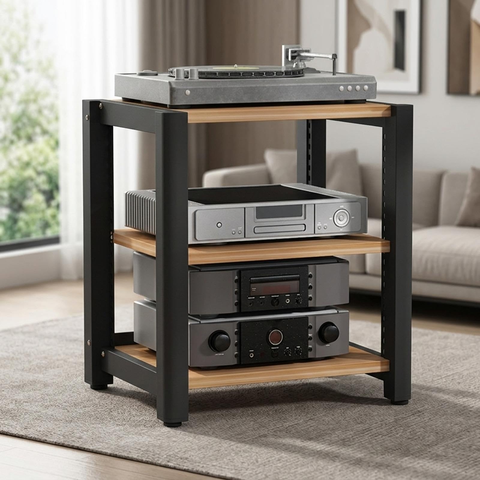 HiFi Rack mit Rädern, Hifi Regal aus Holz & Stahl, Verstellbaren Ablagen