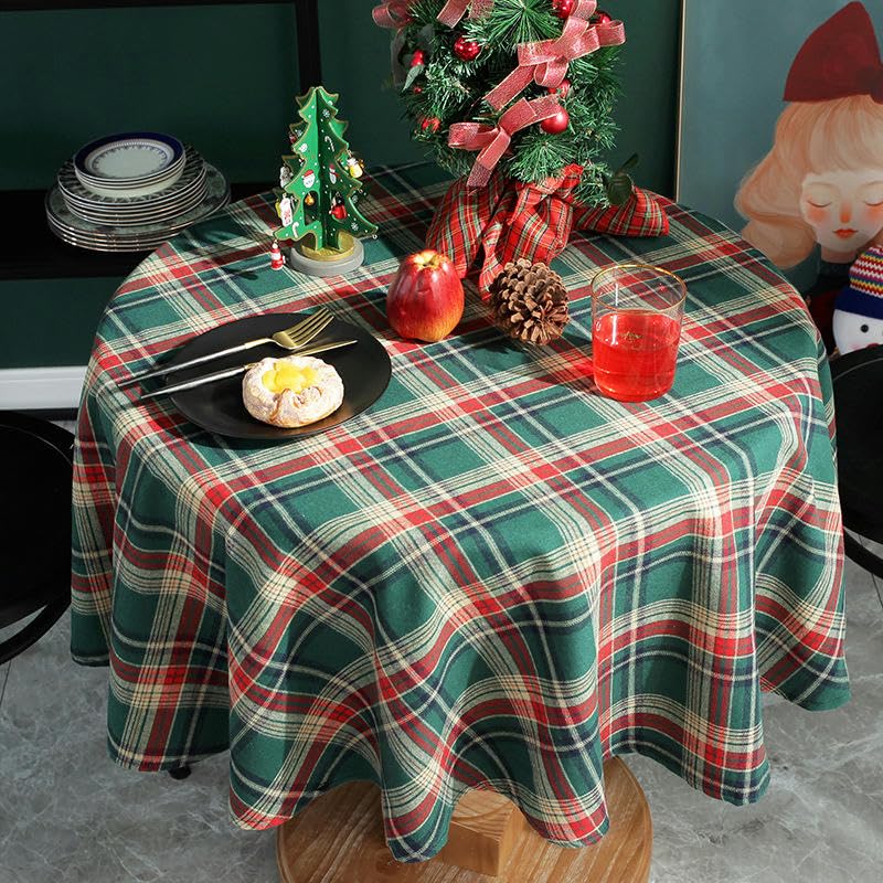 Nappe ronde en lin coton vert carreaux table à manger cuisine bistrot 120cm