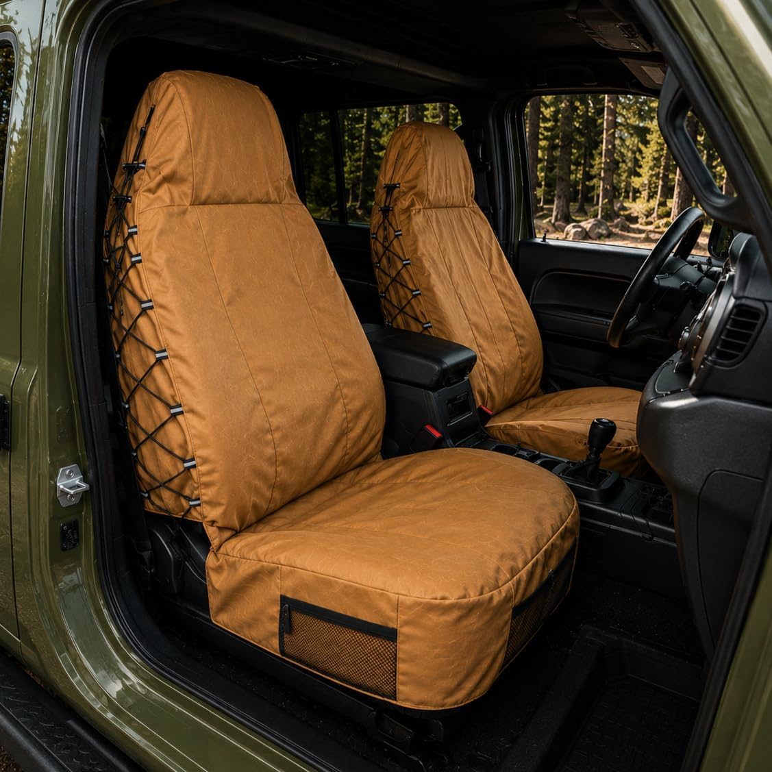 Coyote Tan Canvas Seat Covers for Jeep Wrangler JL/JK/TJ/YJ 2-Door/4-Door, Durable Tactical Multi Pockets Trucks Seat Protectors Front Pair Rain Defender (Coyote Tan)