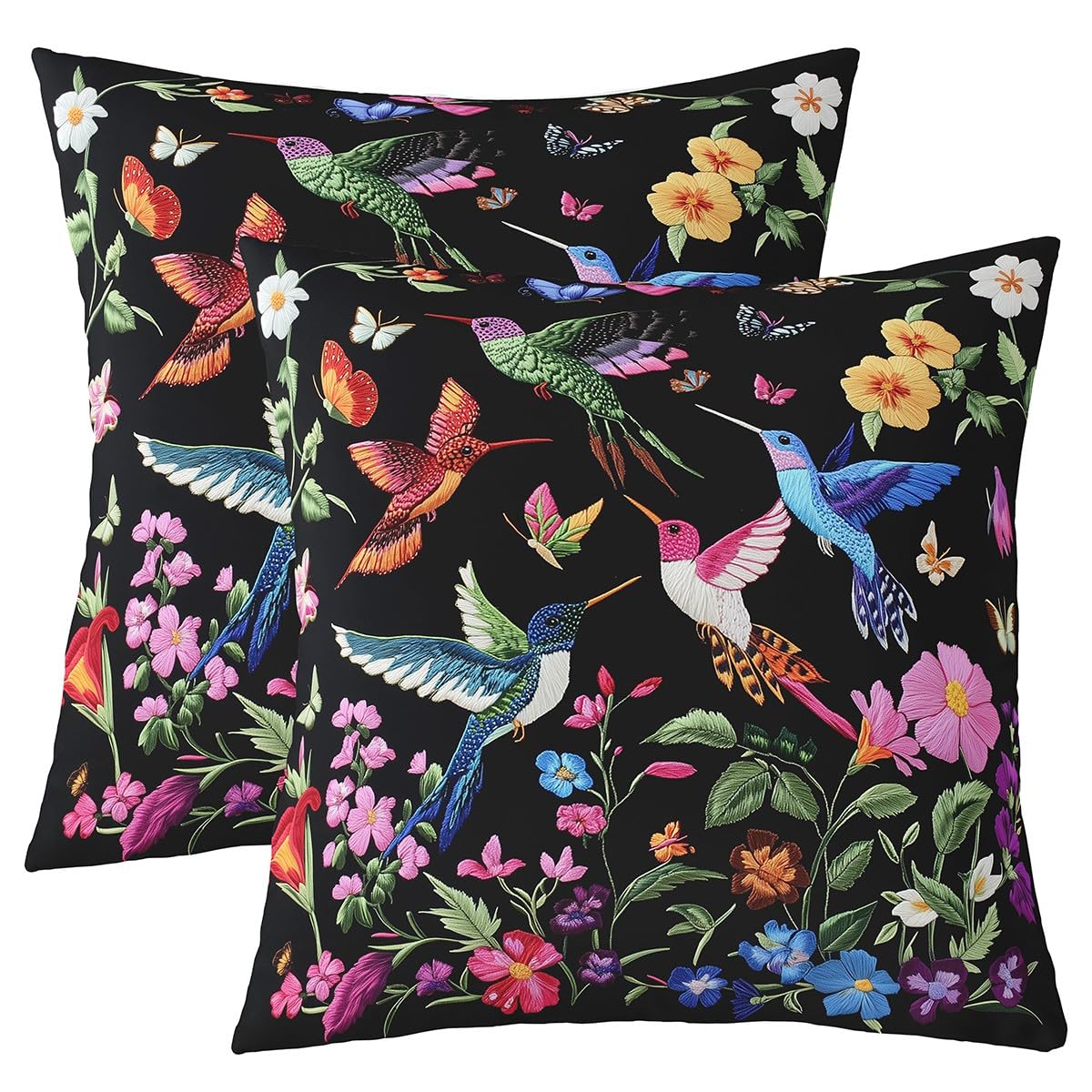 Homemissing Birds Reversible Throw Pillow Covers 60x60cm Flowers Pillow Covers Home Decor Boho Square Cushion Covers Set of 2 Carbon Black Throw Pillowcases for Sofa Couch Chair — image 1