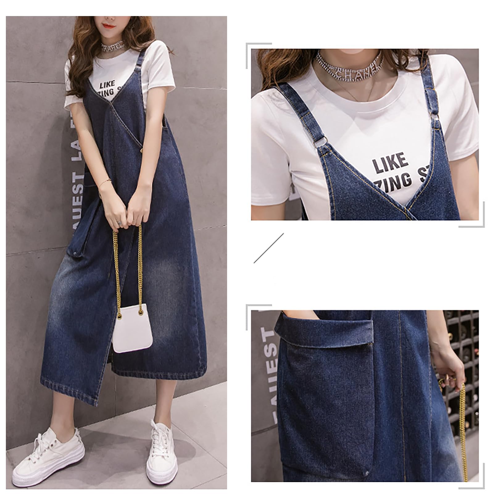 Salopette Gonna Donna Jeans Lunga Vestito Salopette Overall Taglie Forti Denim Vestiti con Tasca