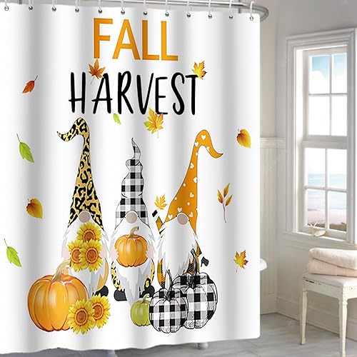 Vista 7 de Yeele Cortinas de ducha de otoño de Acción de Gracias, bonita cortina de ducha de gnomo y calabaza para baño, borde de rejilla blanca y negra