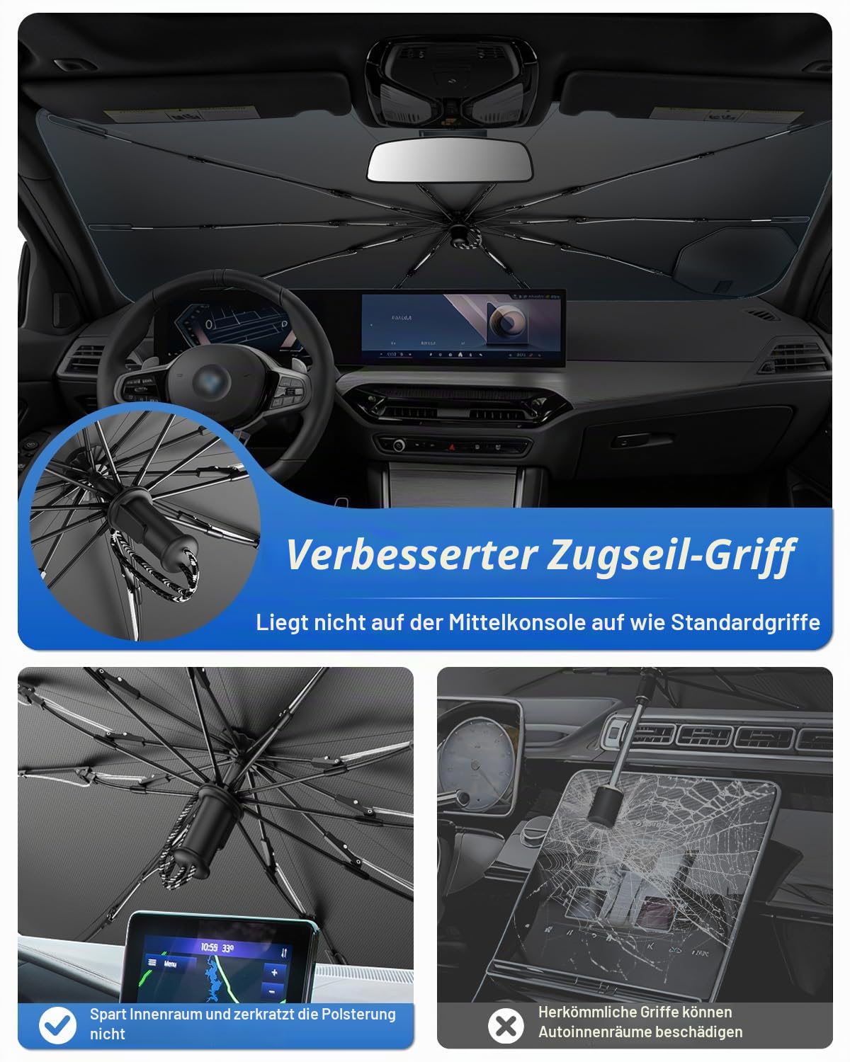 SHAOHAO Kompatibel mit BMW 3er G20 4er G22 i3 G28 2020-2026 Sonnenschutz für Autos Windschutzscheibe Sonnenblende Einfache Aufbewahrung Zugschnurgriff UV-Schutz Sonnenschutz zubehör