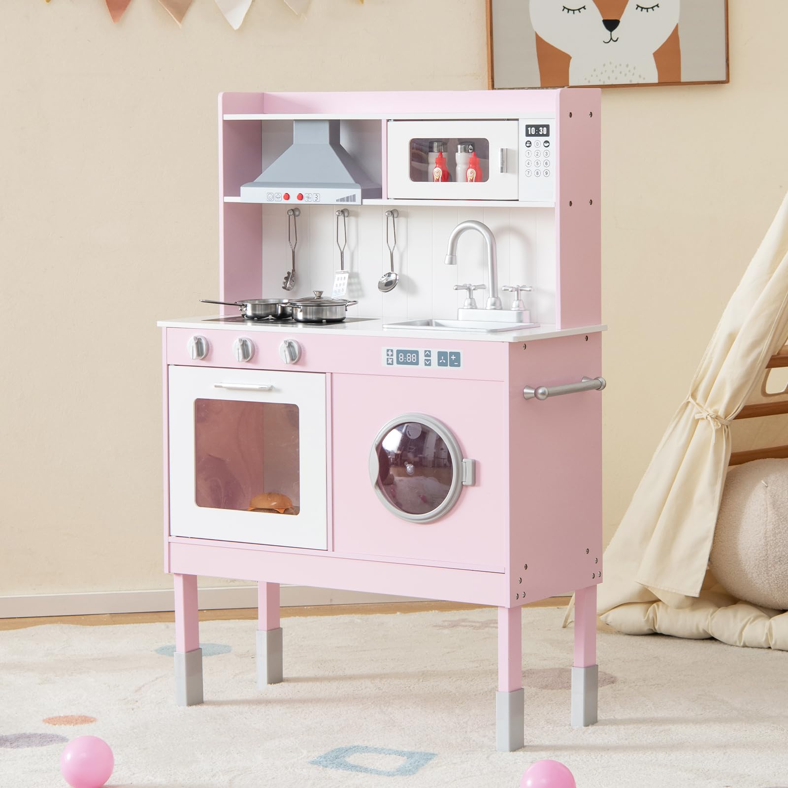 HOMASIS Cucina Giocattolo con Altezza Regolabile, Cucinetta per Bambini con Cappa Aspirante e Forno a Microonde, Cucin con Suoni e Luci in Legno per Bambini dai 3+ Anni (Modello 1, Rosa)