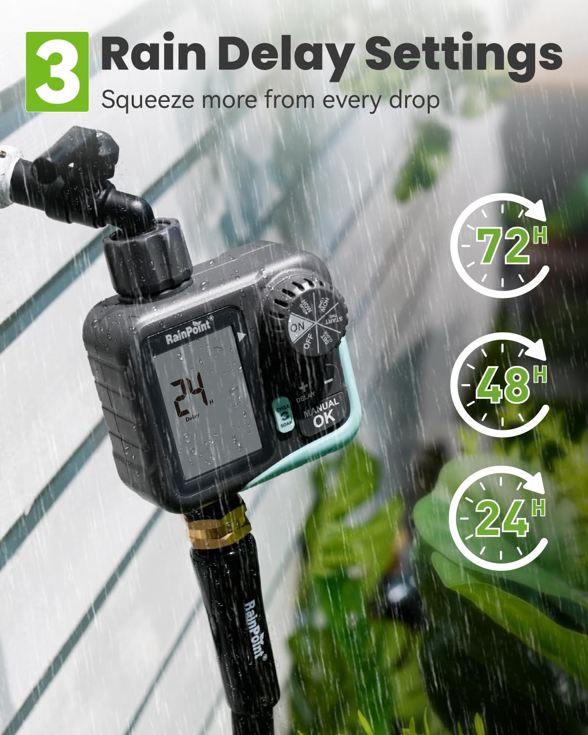 RAINPOINT Minuteur d'arrosage – Minuteur de cycle et de trempage pour tuyau d'arrosage avec arrosage automatique/arrosage manuel/retard de pluie, programmable pour système d'irrigation, pelouse, cour