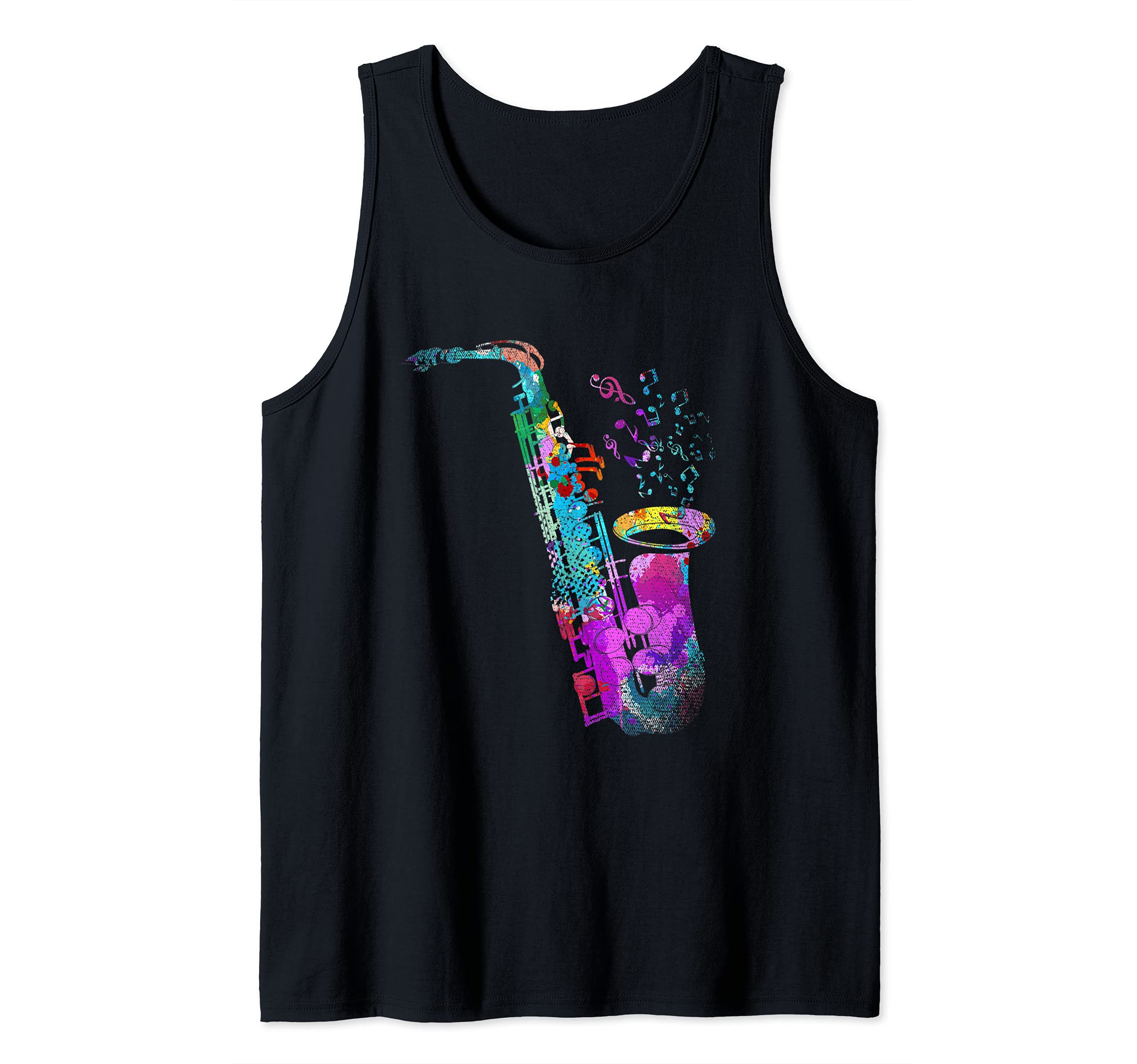 Musician Music Notes Sax Jazz Saxophonist Colorful Saxophone Tank Top, Black