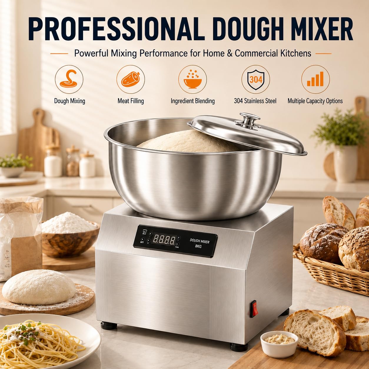 Impastatrice a Spirale 8 kg 1800W Pizza Pane Panetteria 5KG