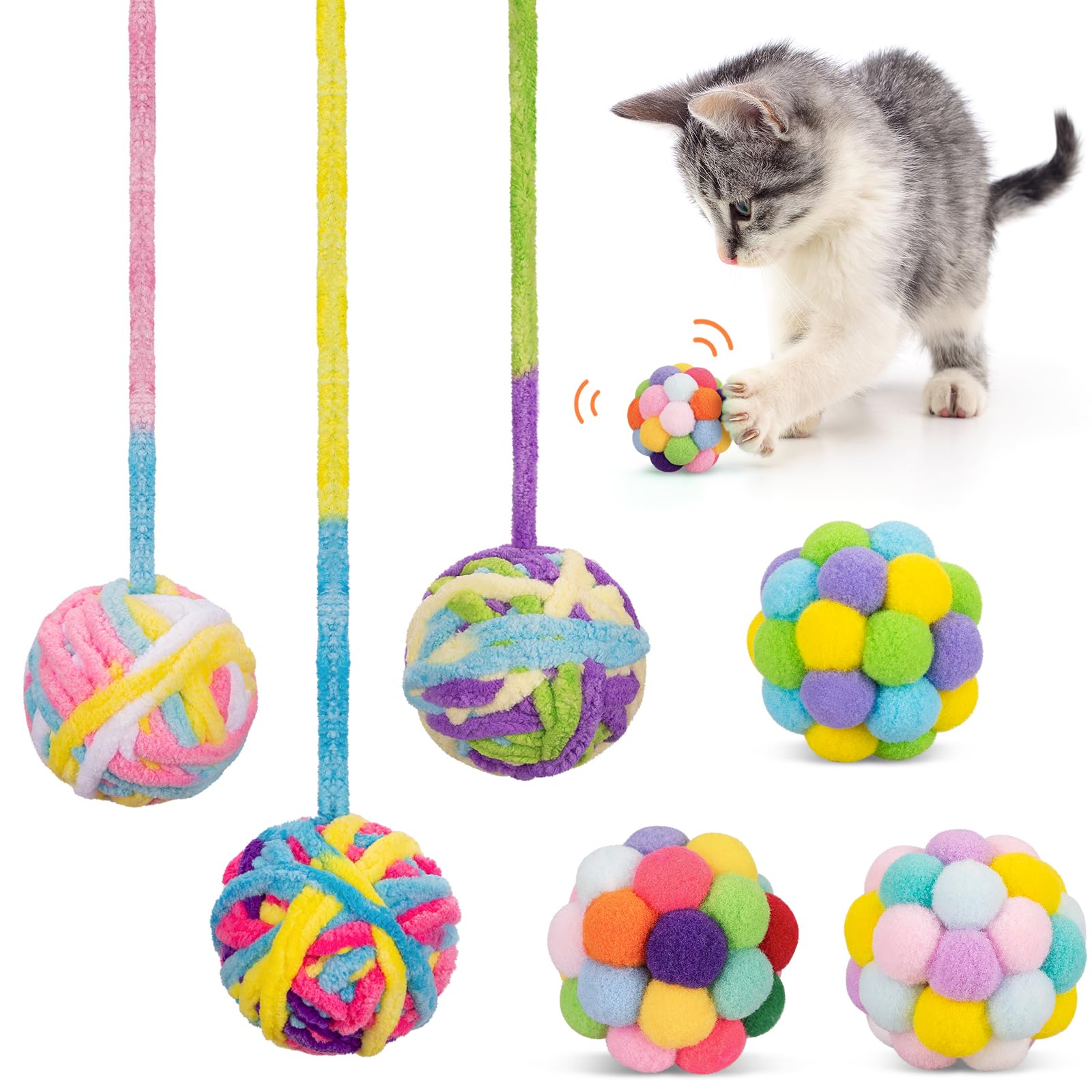 Retro Shaw Woolen Cat Toy Balls with Bell and Fuzzy Balls, Interactive Toys for Indoor Cats and Kittens, Chew Toys, 6 Pack