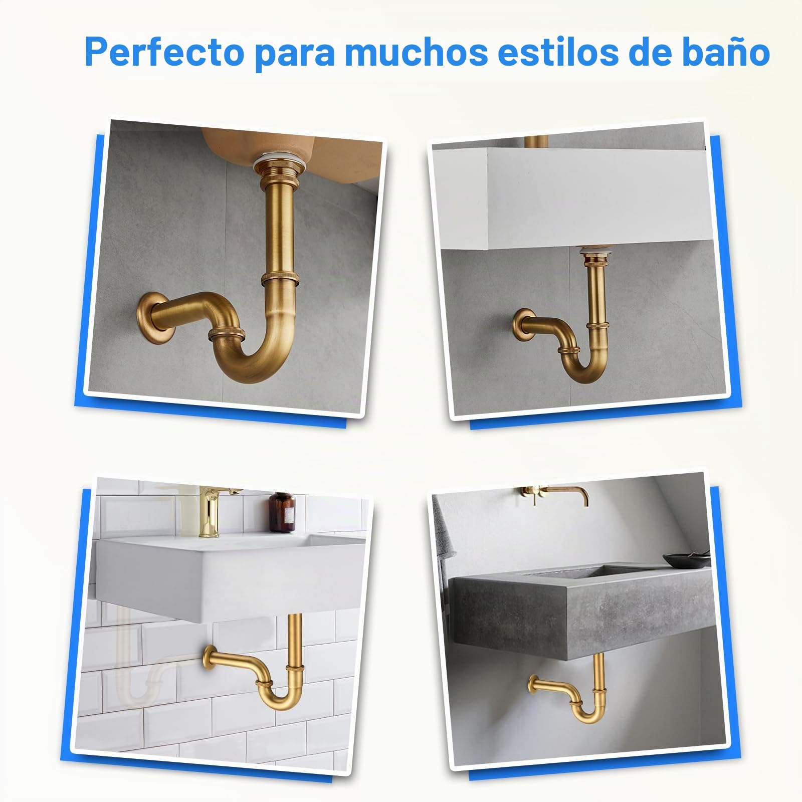 Trampa en P de acero inoxidable y latón con ranuras, 1 1/4 pulgadas x 32 mm, universal para fregadero de baño y lavabo con desbordamiento, trampa de olores ajustable en altura, acabado
