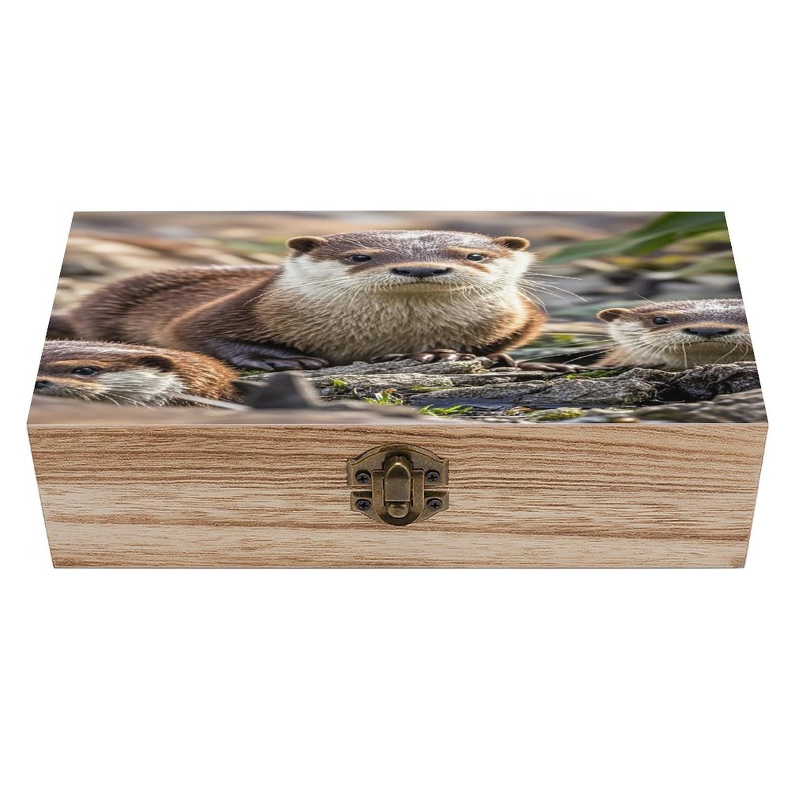 VstaDank Animal Cute Brown Otters Wooden Storage Box Wooden Keepsake Box with A Hinged Lid Fashion Memory Treasure Boxes Decorative Jewelry Case for Crafts Photo Home Decor Wood Gift Box
