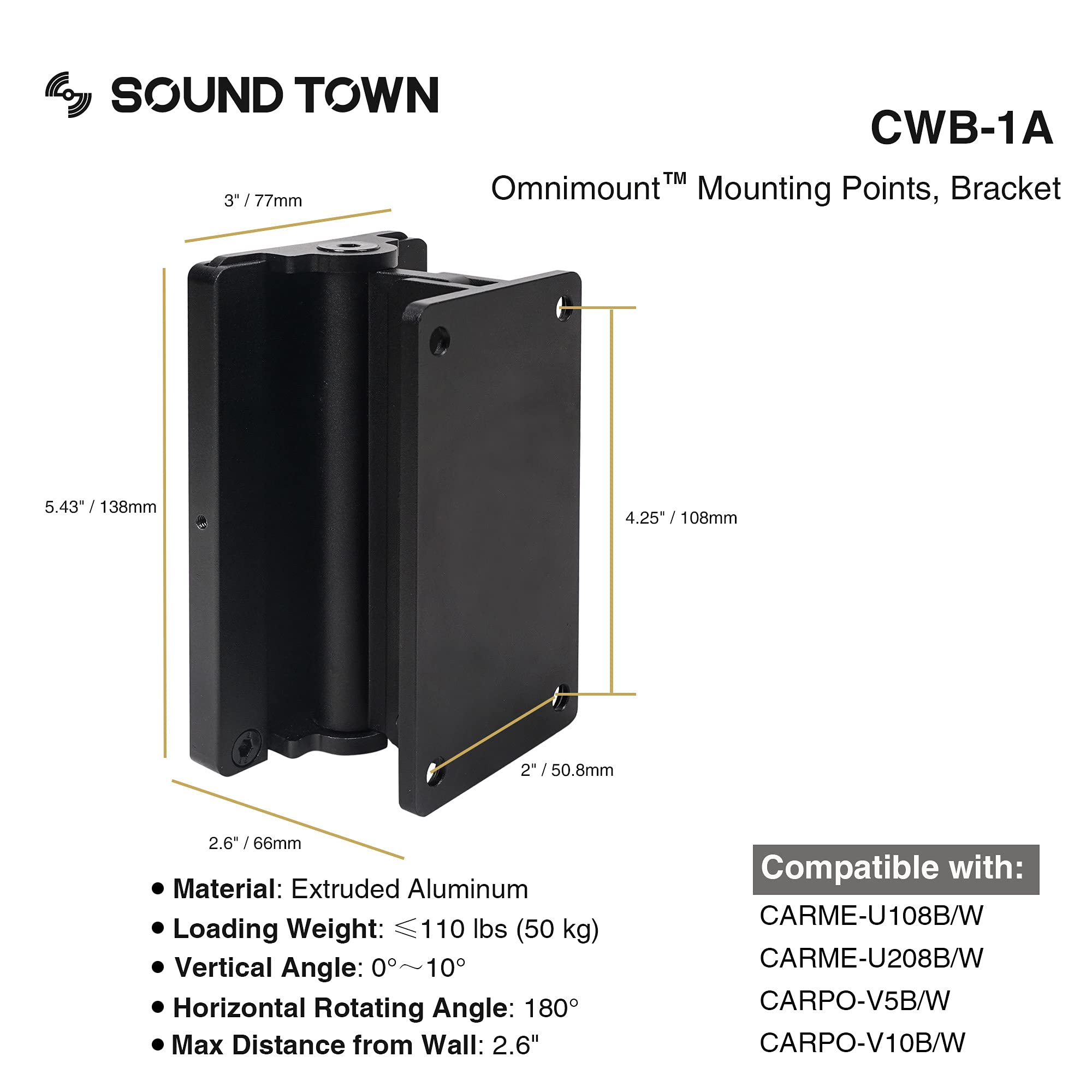 Sound Town Paquete de 2 soportes de montaje de pared universales para altavoz con ajuste de ángulo, plantilla de montaje de 4.2 x 2 pulgadas, negro (CWB-1A-PAIR)