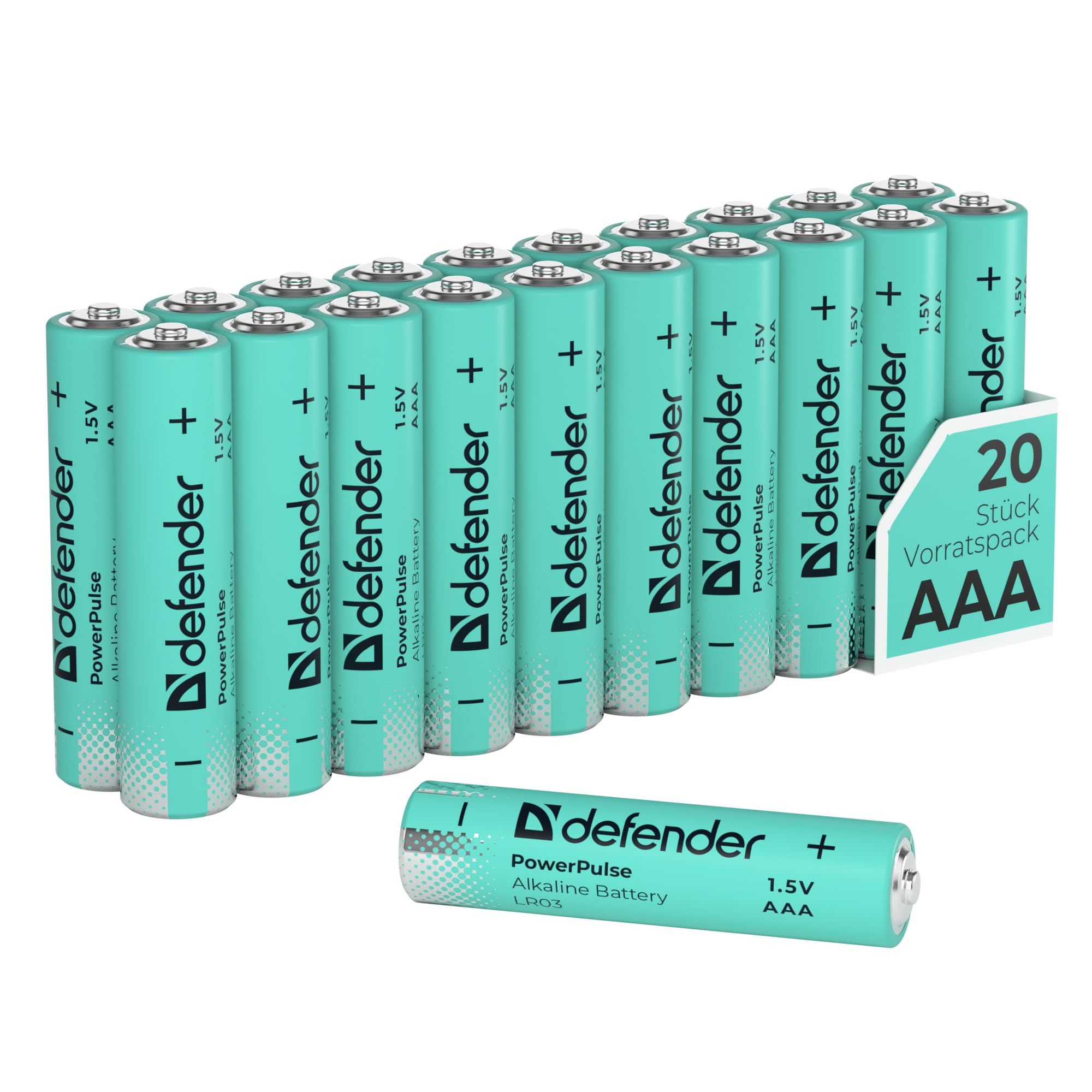 Defender PowerPulse Alkaline Batterien AAA (LR03) 1,5V – 20 Stück Box, langlebige Alkaline Batterie für Haushalt, Spielzeug, Fernbedienung, Taschenlampe und Elektronik, 5 Jahre haltbar (20, AAA)