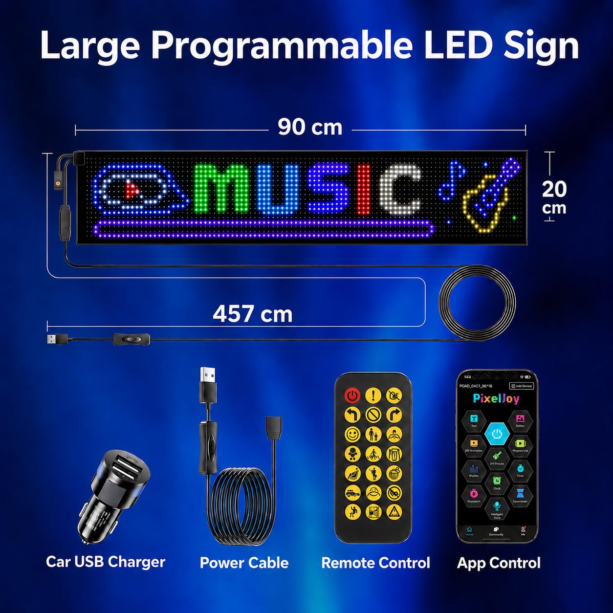 Pannello LED RGB programmabile 90 × 20 cm con app e telecomando | Grande schermo LED flessibile per mostrare testi, messaggi e animazioni in vetrine, negozi, camion ed eventi.