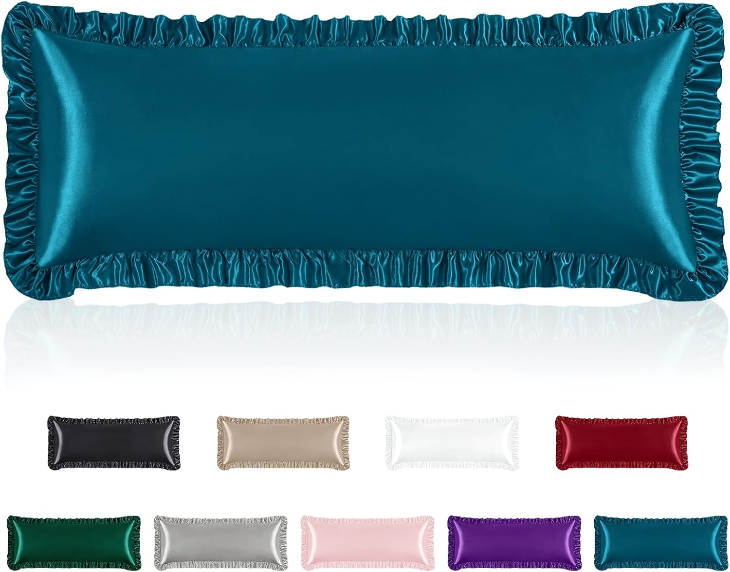 Homiest Ruffle Satin Body Pillow Cover, Silky Satin Body Pillowcase with Envelope Closure, Luxury & Ultra Soft Long Pillow Cases for Hair and Skin, Ruffled Long Pillow Shams (Dark Teal)