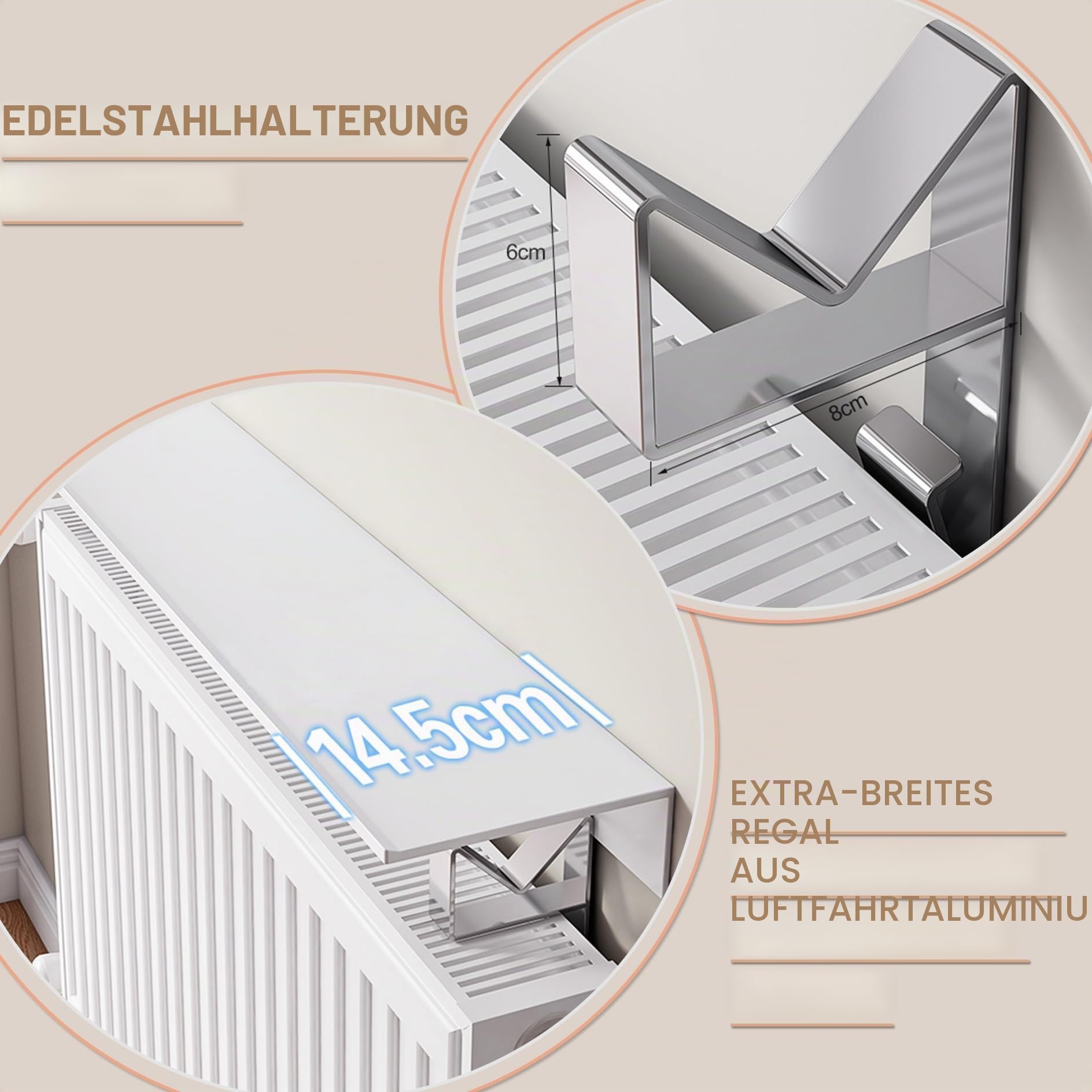 Heizkörperregal Ohne Bohren,15cm Tief Heizungsregal,Regal für Heizkörper,Heizung Ablage,Weiße Heizungsabdeckung aus Aluminium für Zuhause,Tragkraft 30kg,für Aufbewahrung und Dekoration(80cm)