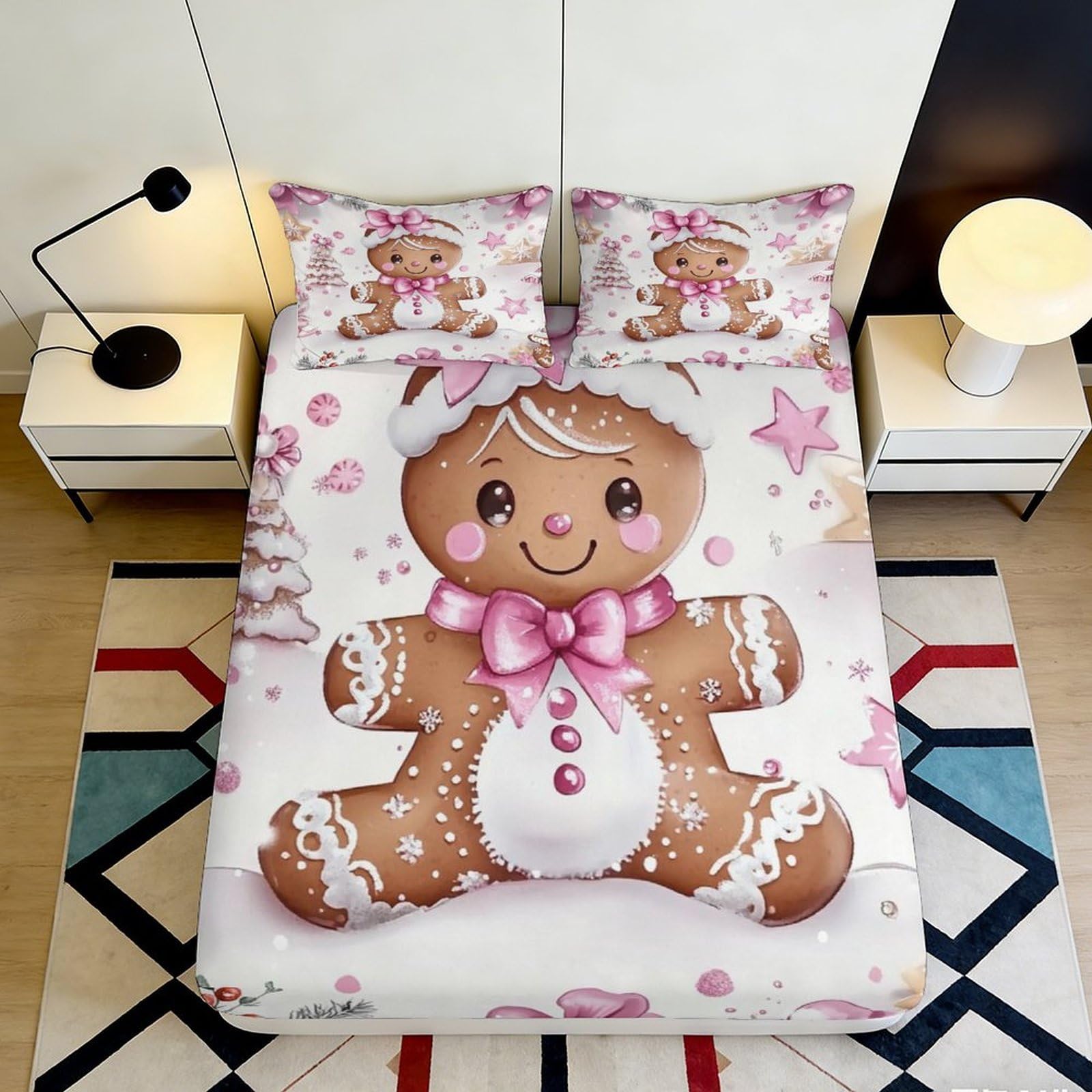 3D Printed Gingerbread Fitted Sheet Microfiber Deep Pocket Non-Slip Bedroom Bedding Gingerbread Mattress Fitted Cover for Adults Teens 90x200x25cm