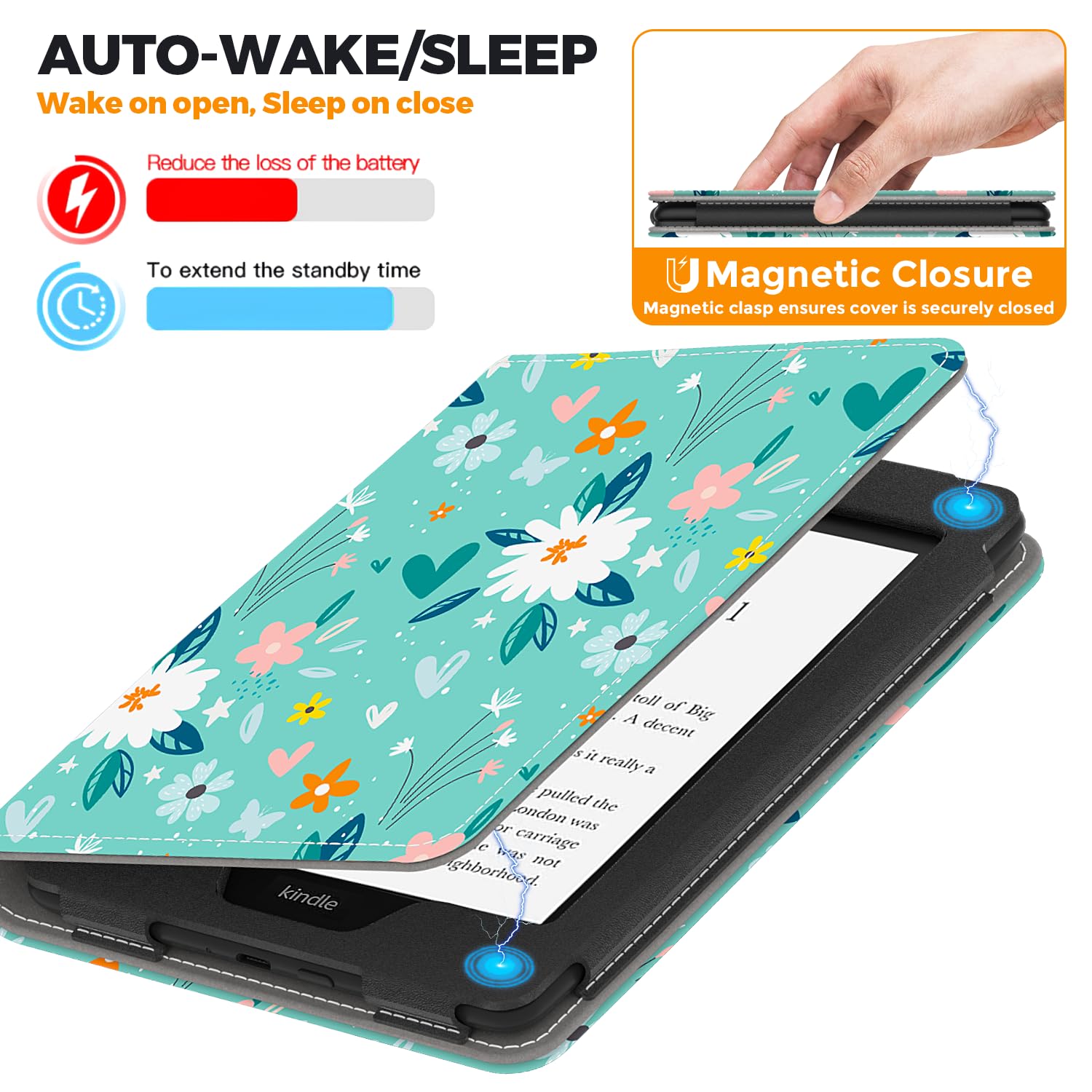 VORI Stand Case für Kindle Paperwhite (11th Generation-2021) und Kindle Paperwhite Signature Edition, PU Leder Hülle Smart Schutzhülle mit Auto Wake/Sleep und Handschlaufe, Grün Blume