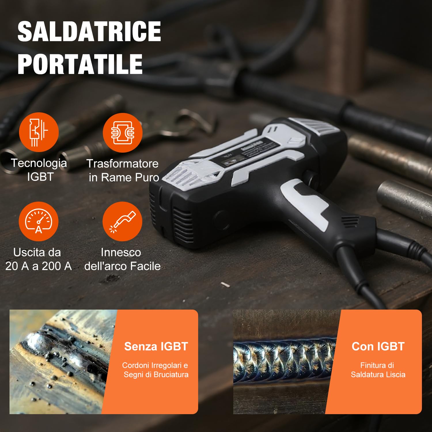 VOBOR Saldatrice Inverter Elettrodo, 200A ARC Saldatrice Portatile con Invertitore IGBT, Display Digitale LCD, Regolazione di Corrente Variabile, Saldatore Elettrico per 1,6-3,2mm Barre Saldatrici