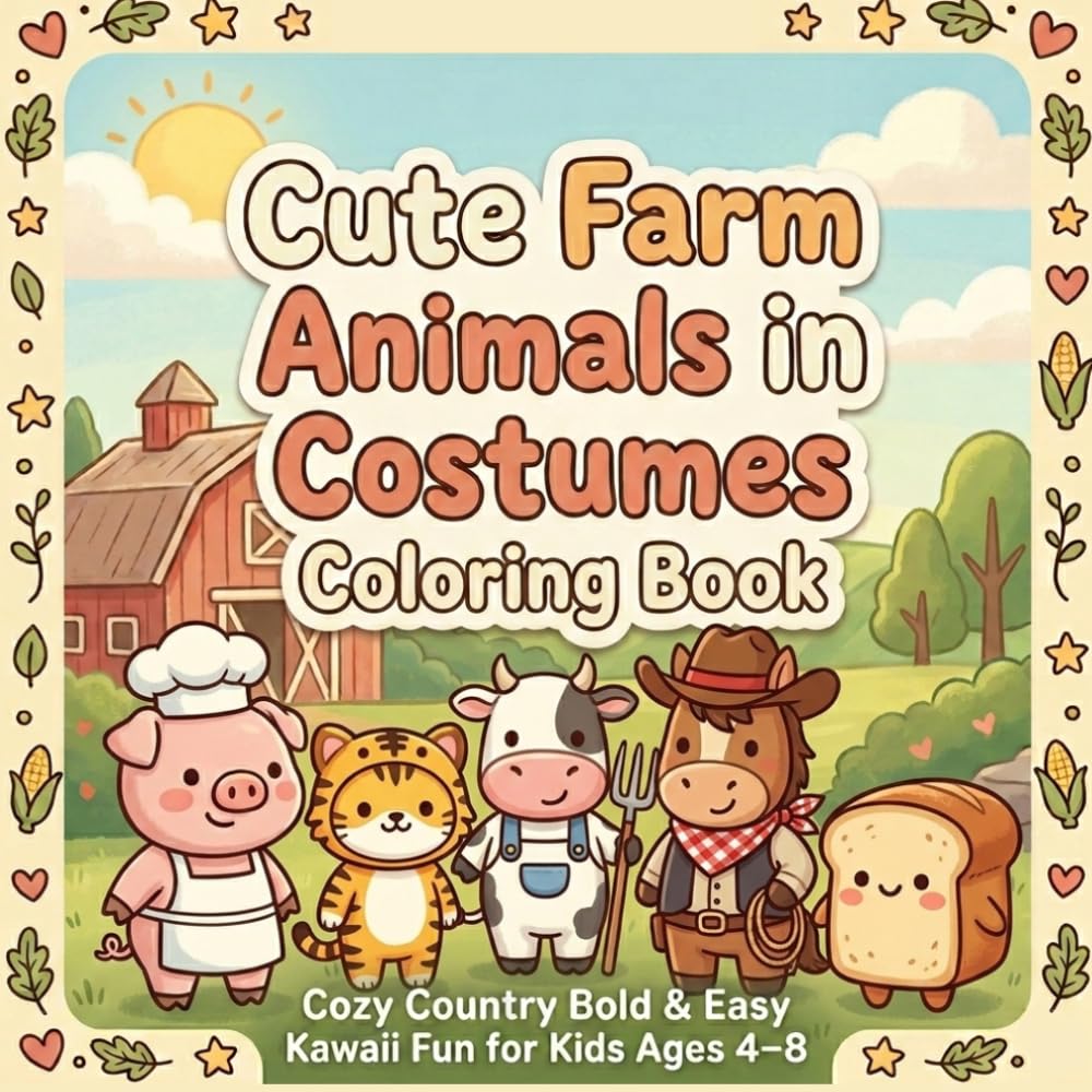 Super Cute Farm Animals in Costumes Coloring Book: Cozy Country Bold & Easy Kawaii Fun for Kids Ages 4–8