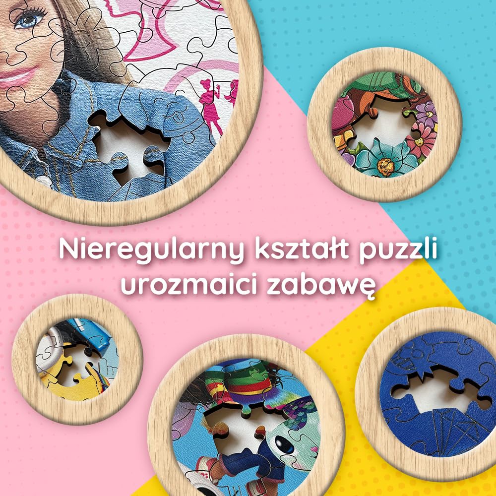 Trefl - Puzzle Drewniane: Disney Minnie, Wesoła Minnie - 50 Elementów, Kształtowa Układanka Wooden Puzzle, Nieregularne Kształty, 10 Figurek, dla Dzieci od 5 lat