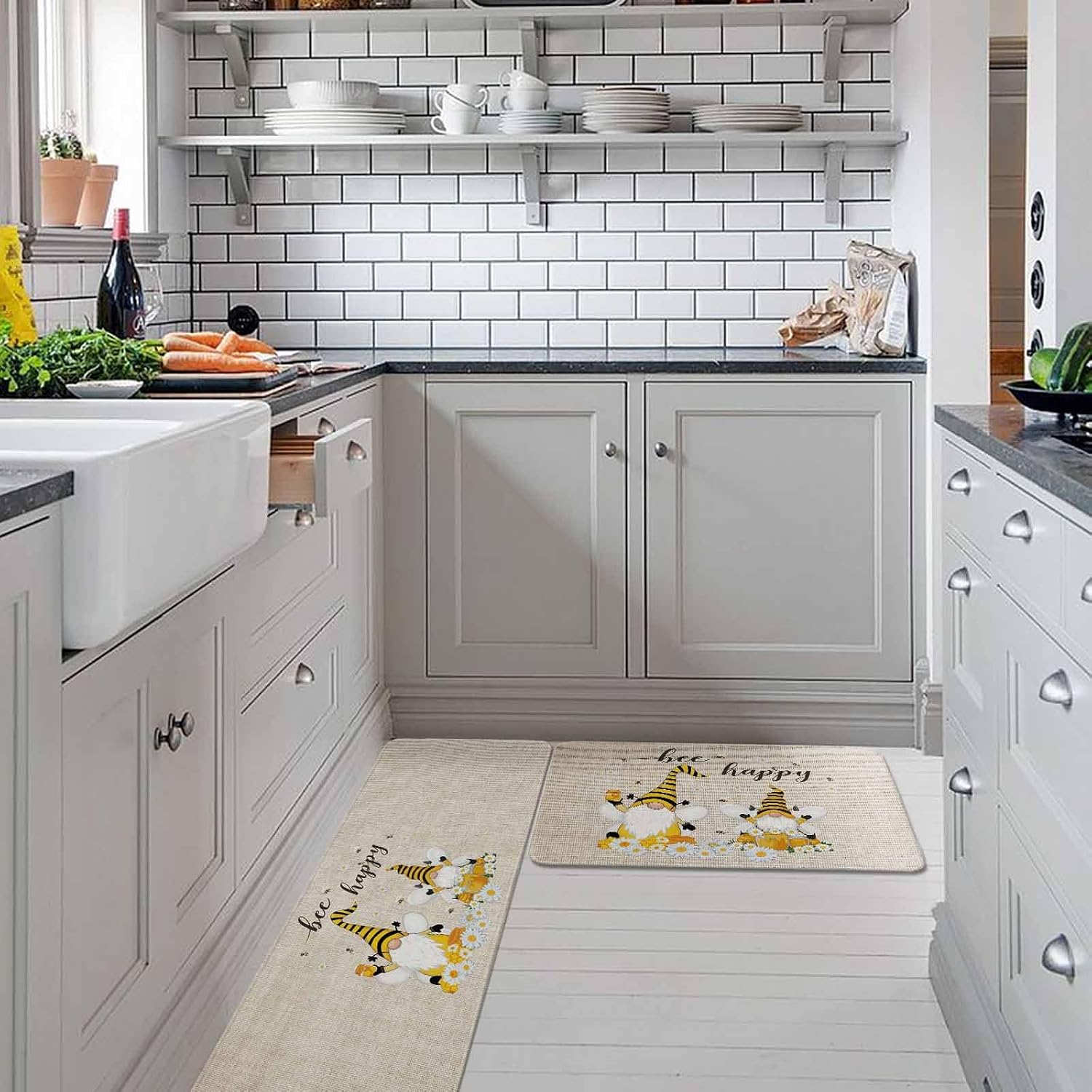Bee Gnomes Kitchen Rugs and Mats Set of 2, Non-Slip Kitchen Sink Mat, Farmhouse Spring Daisy Honey Flowers Washable Doormat Bathroom Rugs Runner for Bedroom/Living Room 19.7"x23.6"+19.7"x47.2"