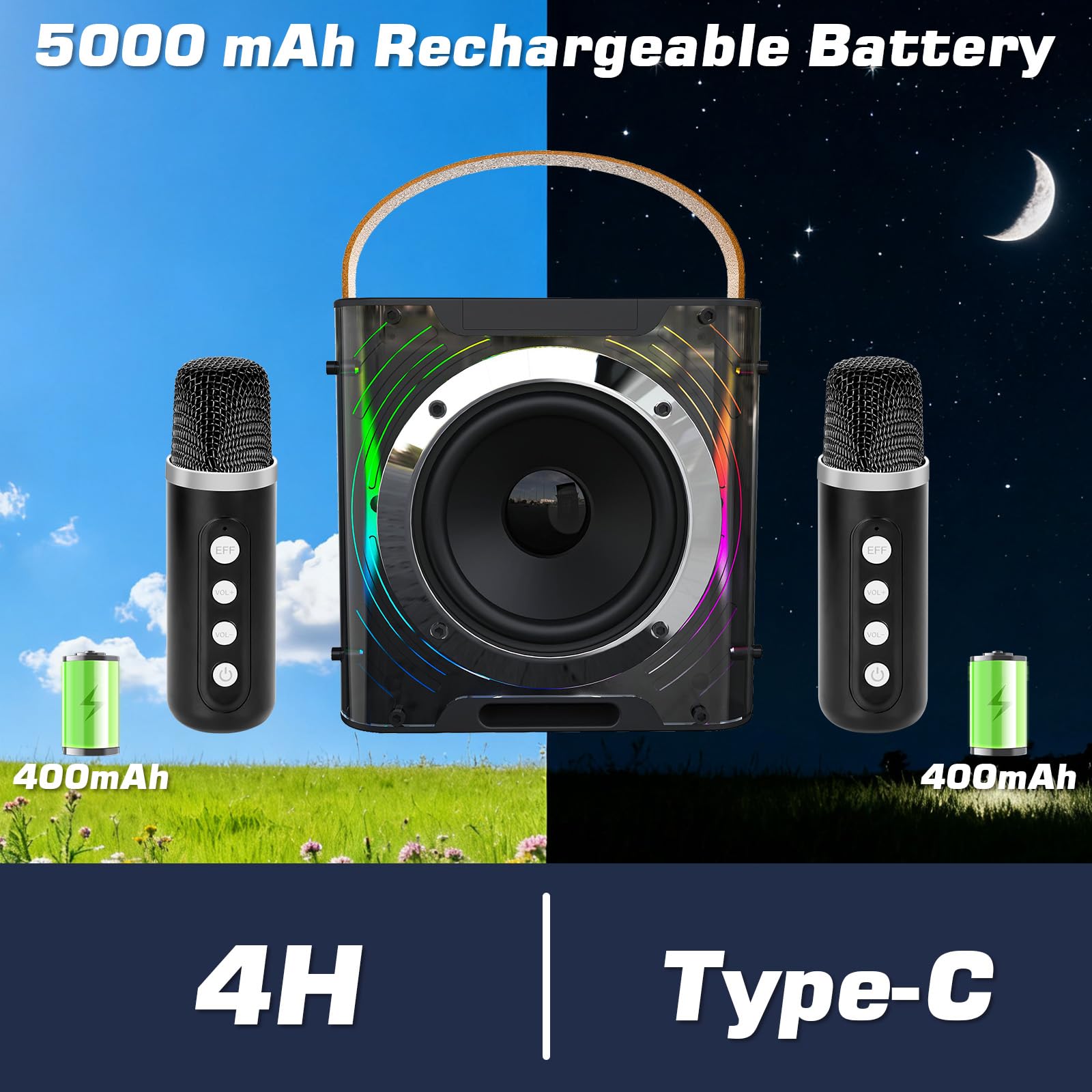 Macchina per con 2 Microfoni Wireless y Supporto per Telefono, Altoparlante karaoke cassa Bluetooth 5.3 portatile, con luci a LED per Adulti e Bambini