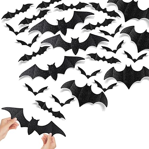 Miniatura 7 de DIYASY Decoración de pared de murciélagos grandes, murciélago colgante con purpurina 3D, decoración de Halloween, calcomanías de plástico para