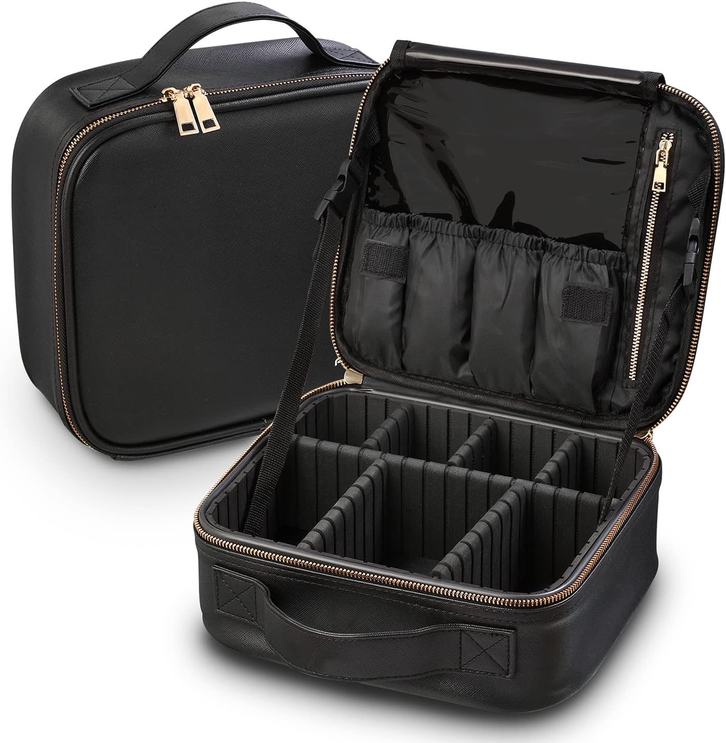 Fosmon Makeup Train Case for Cosmetics & Brushes, Multifunctional Travel Organizer Portable Bag with Adjustable Dividers, Shoulder Strap & Trolley Sleeve for Toiletries Camera Accessories [Medium] : Beauty & Personal Care