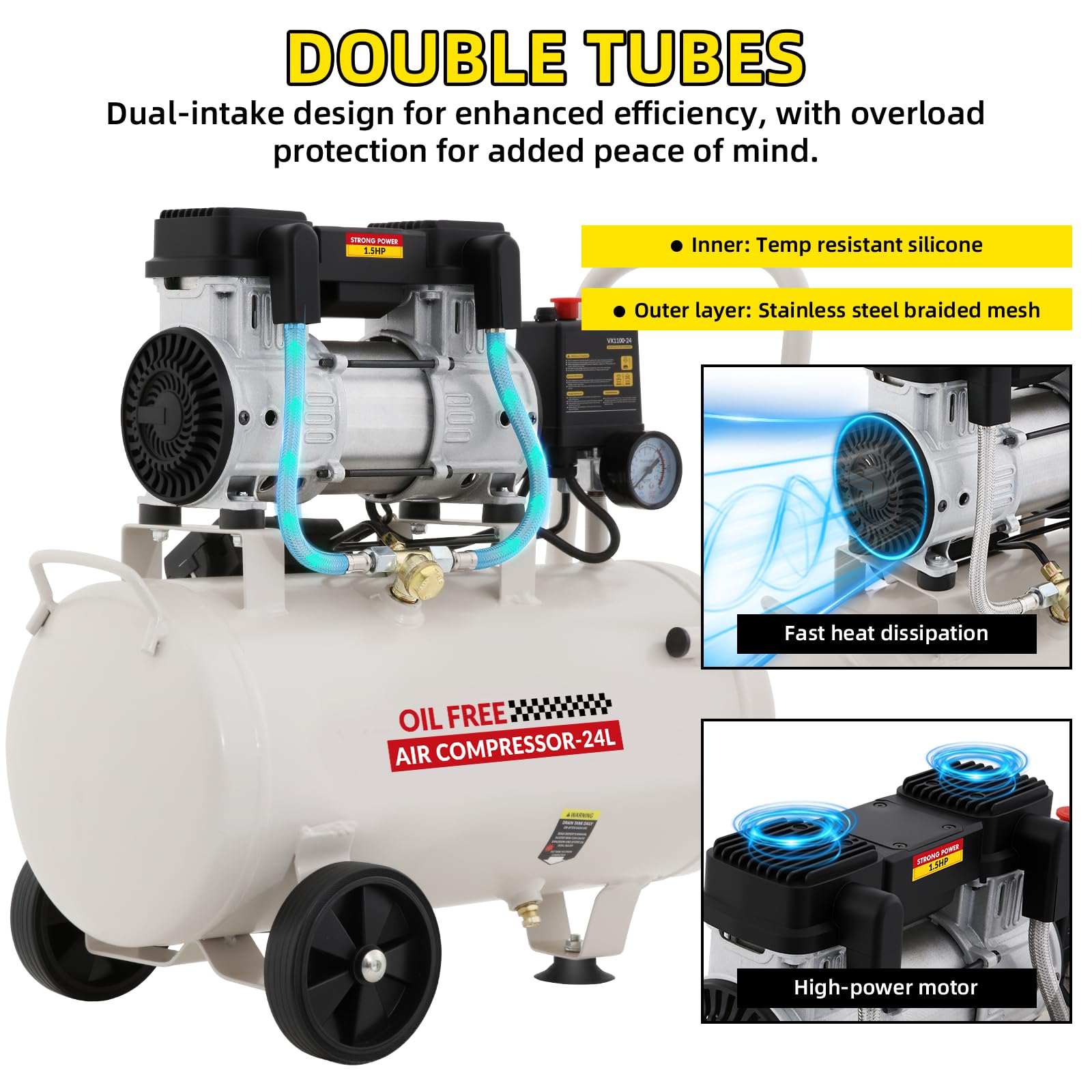 Compressore d'Aria Silenzioso,Compressore Aria Oil-Free, Serbatoio 24 Litri,1100 W/1,5 HP, Pressione Massima 8 bar,Rumorosità 60 dB con Tubo Dell'aria da 10M