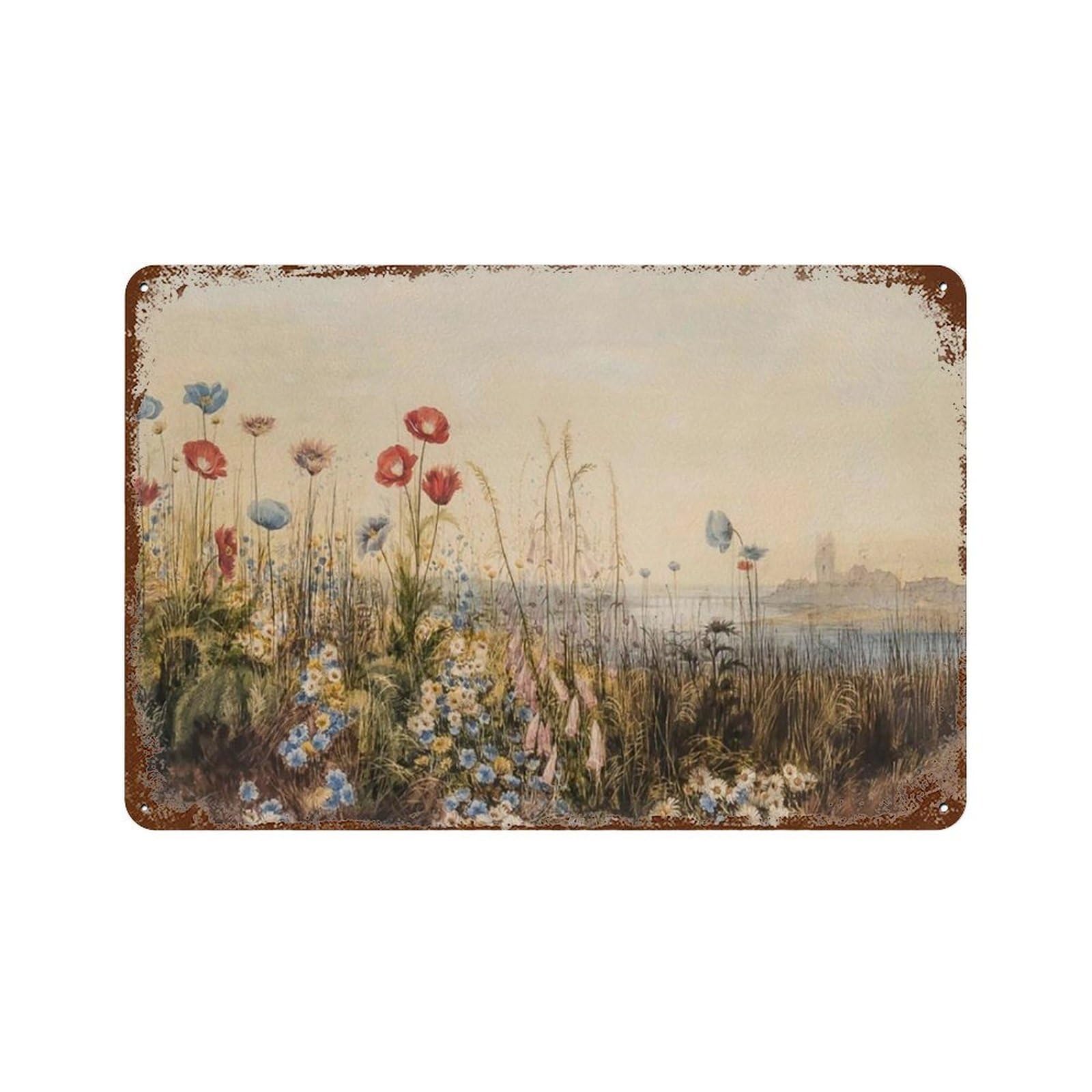 xiaoxiaoshen Vintage Wildflower Field Watercolor Coastal Landscape Wall Decor Art Metal Tin Poster Modern Home Decor Art Home Bar Shop Decorations Vintage Sign 20x30cm