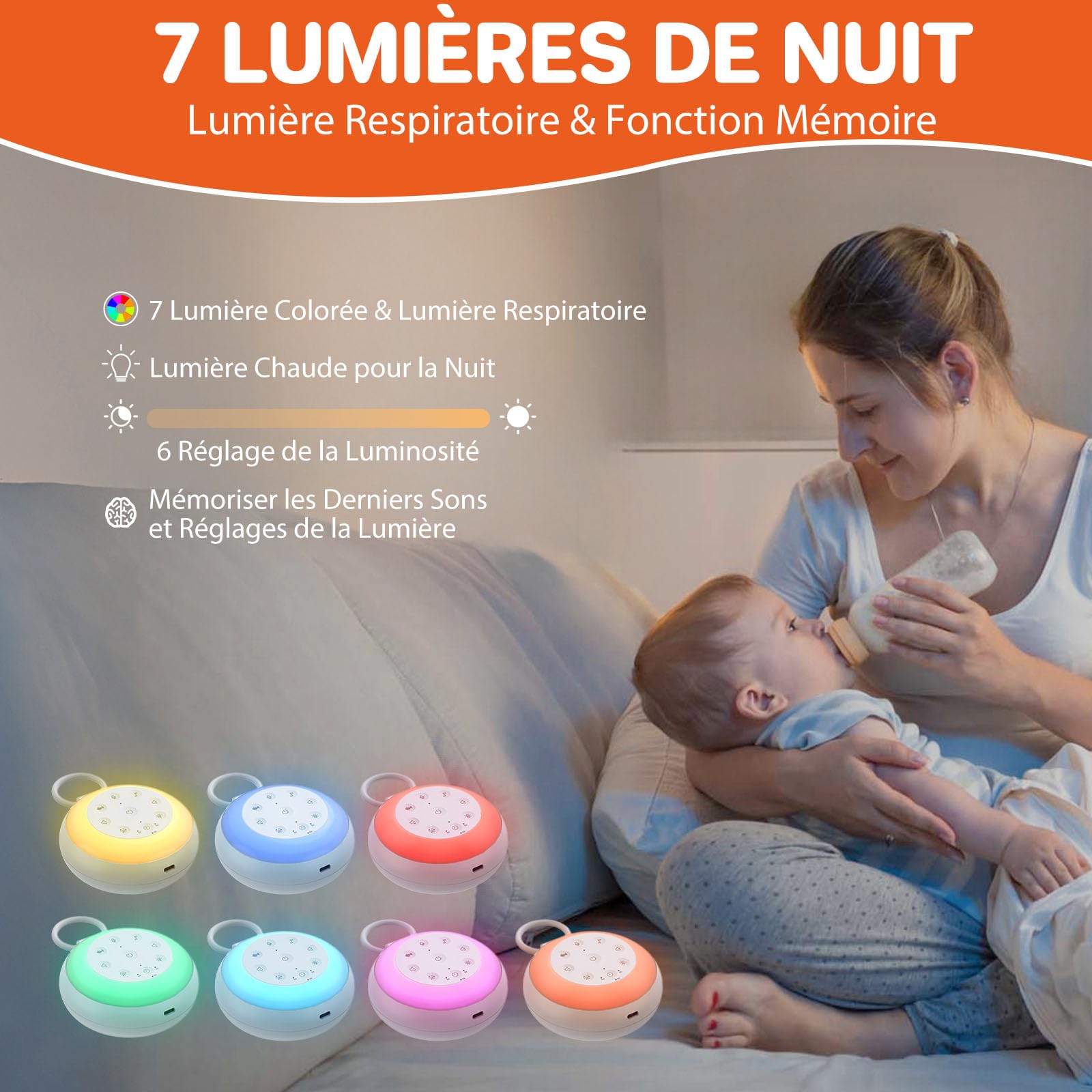 FUNYKICH Machine à Bruit Blanc Portable 24 Sons - Bruit Blanc Bébé avec Veilleuse pour Enfant et Adulte - USB Rechargeable pour Sommeil, Chambre d'Enfant et Voyages