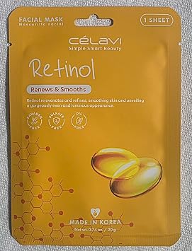 Celavi Retinol Essence Facial Sheet Mask, Renews and Smooths, Paraben Free, Sulfate Free, for Hydration and Skin Renewal, 1 Sheet
