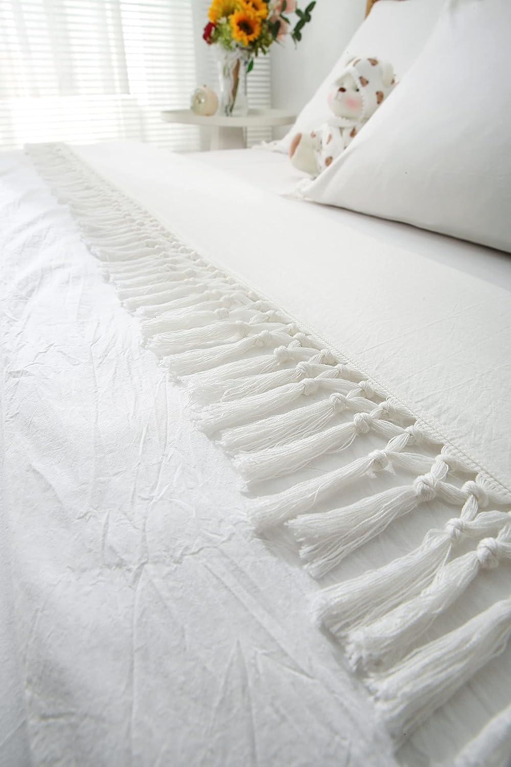 Ivory Tassels Top Sheet King Size 1 PC and Queen Size Pillow Shams 2PCS 100% Cotton