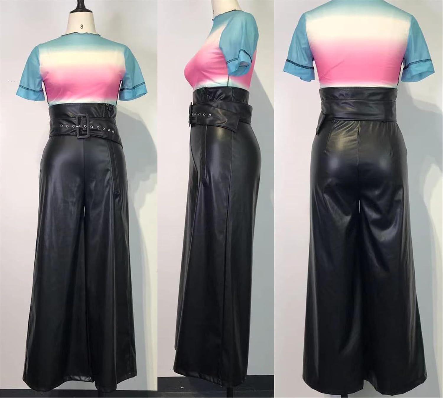 Recious Womens Sexy High Waits PU Leather Bodycon Wide Leg Party Clubwear Belted Pants