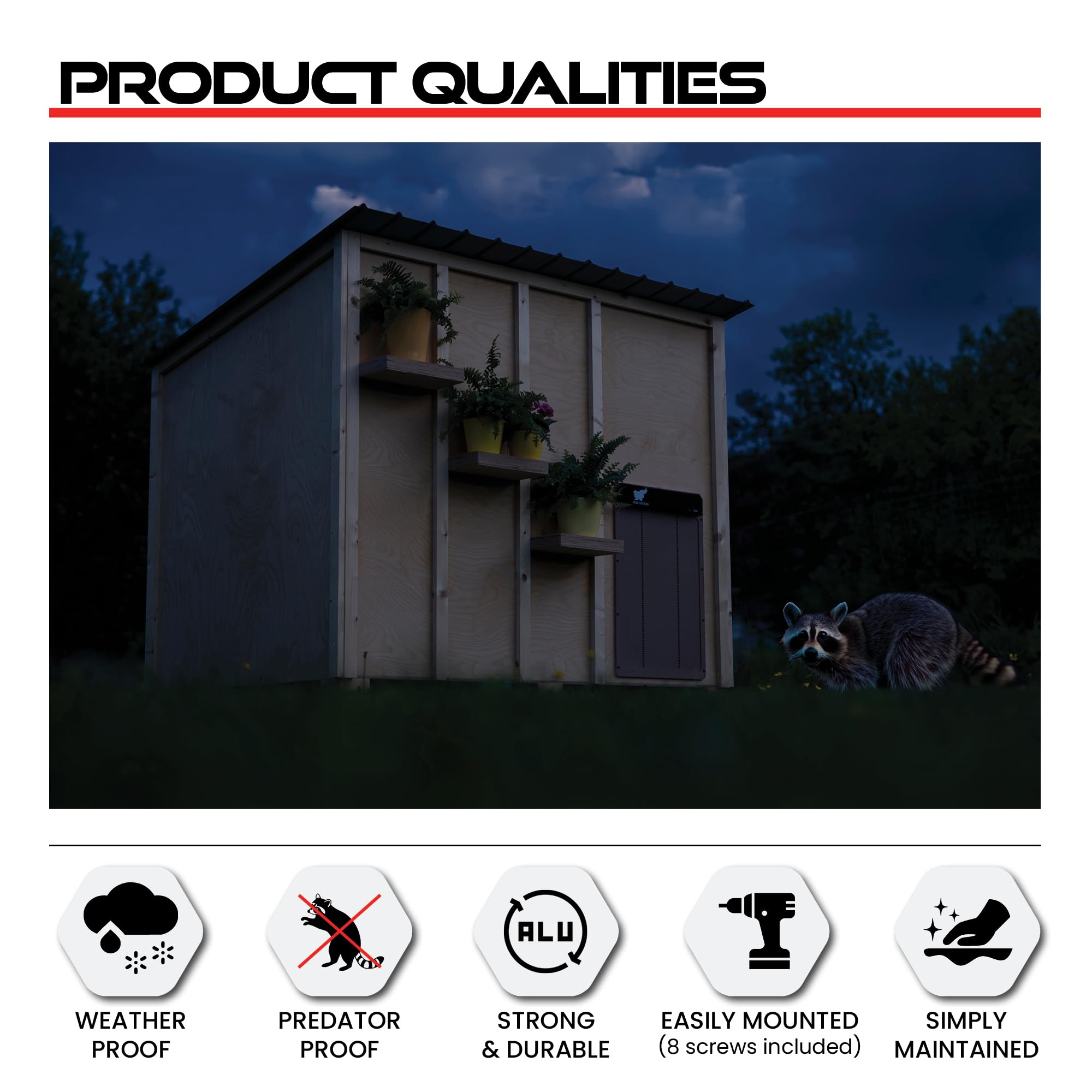 Run‑Chicken Door Giant Gray – Puerta automática Gris para gallineros Grandes, Funciona con Pilas AA, Control por App, Sensor de luz, Temporizador con retardo y Aluminio Resistente para Exteriores