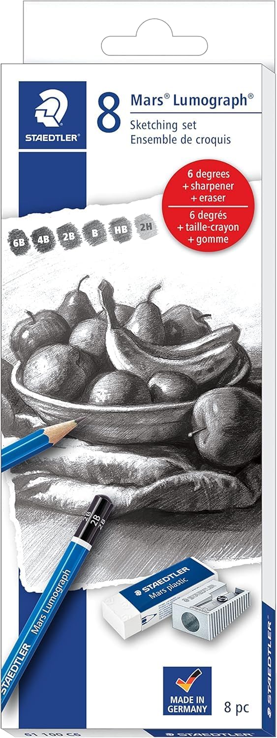 STAEDTLER Mars Lumograph Graphite Artist Sketching Set, 6 Pencils (6B, 4B, 2B, B, HB, 2H), Mini Mars Plastic Eraser, Metal Sharpener