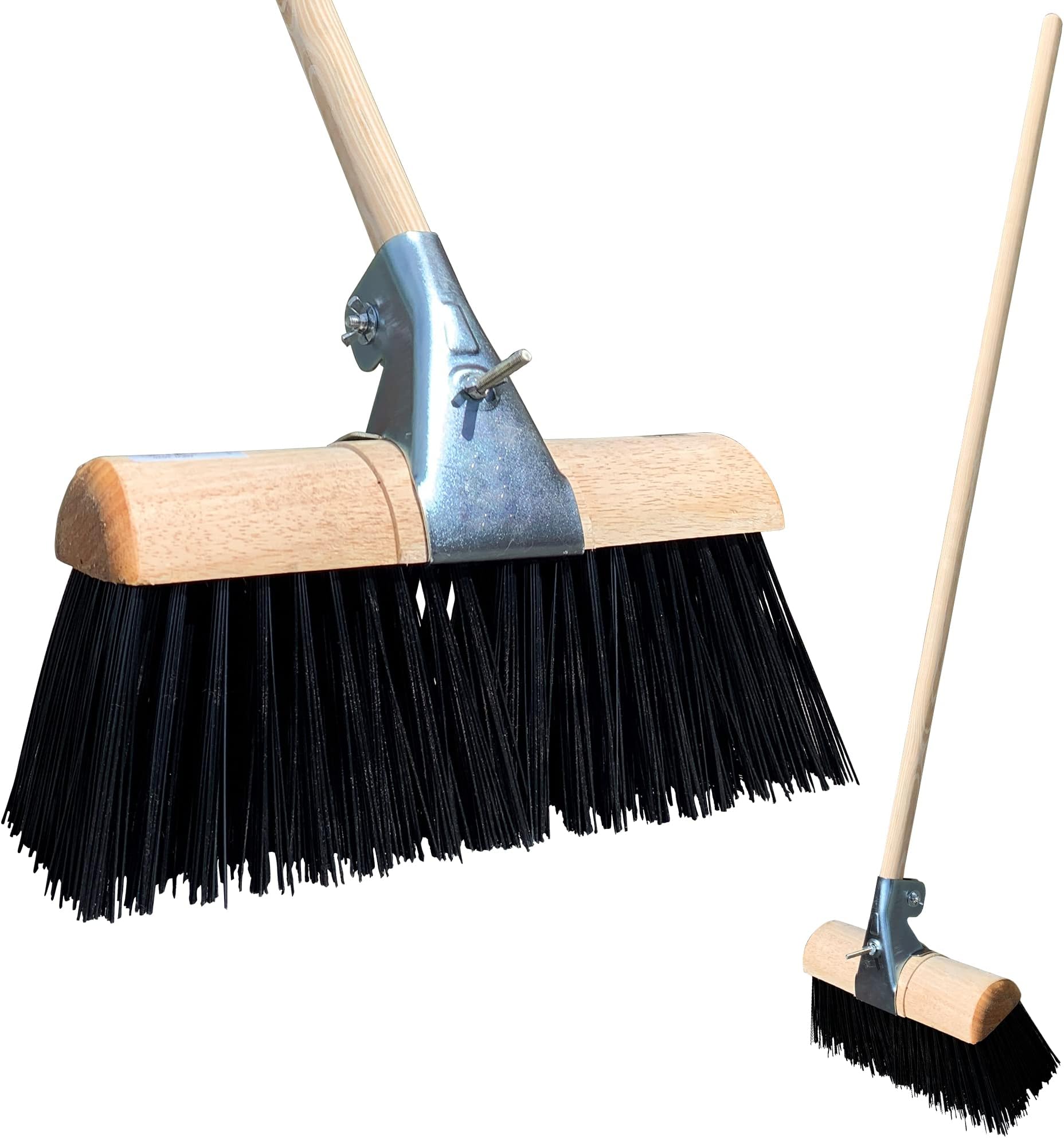 Saddleback Yard Broom Outdoor Heavy Duty, 13” Saddle Broom Curved Top with PVC Bristles, Metal Clamp, and Long Wooden Handle, Hard Bristle for Stables & Farm Yards