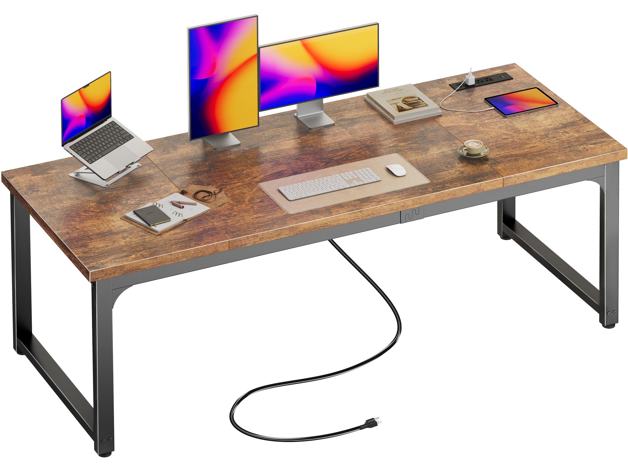 Huuger 63 x 24 inch Desk with Power Outlets & USB-C, Deeper & Thicker Desktop, Robust Metal Tubes, Computer Desk, Heavy Duty Office Desk, Work Gaming Desk, for Home Office, Rustic Brown