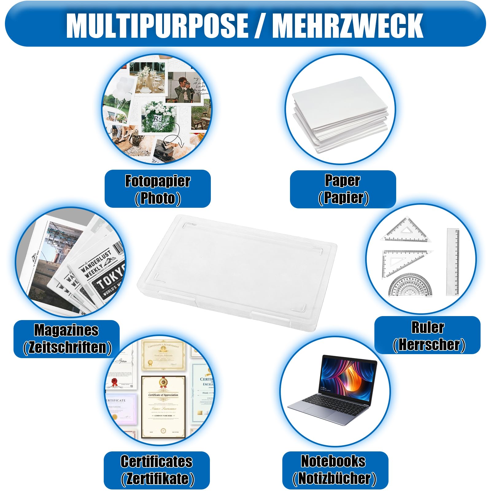 6 Pièces Boite Rangement A4, Boite de Rangement Plastique Transparente avec Fermeture Blanche, Range Documents 307 x 230 x 20 mm pour Bureau, Ecole et Maison