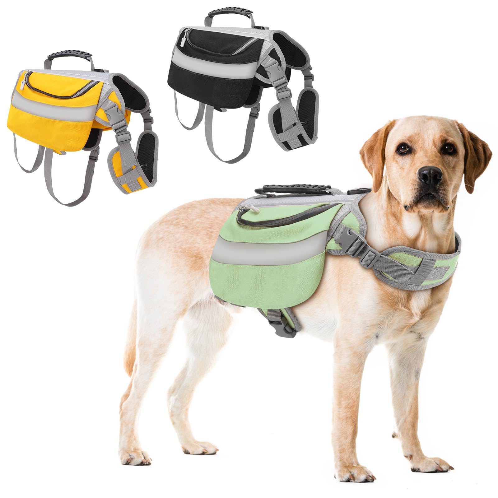 Zaino per cani, traspirante, robusto, con strisce riflettenti, 2 tasche laterali, impermeabile, per passeggiate, escursioni, allenamento (verde)