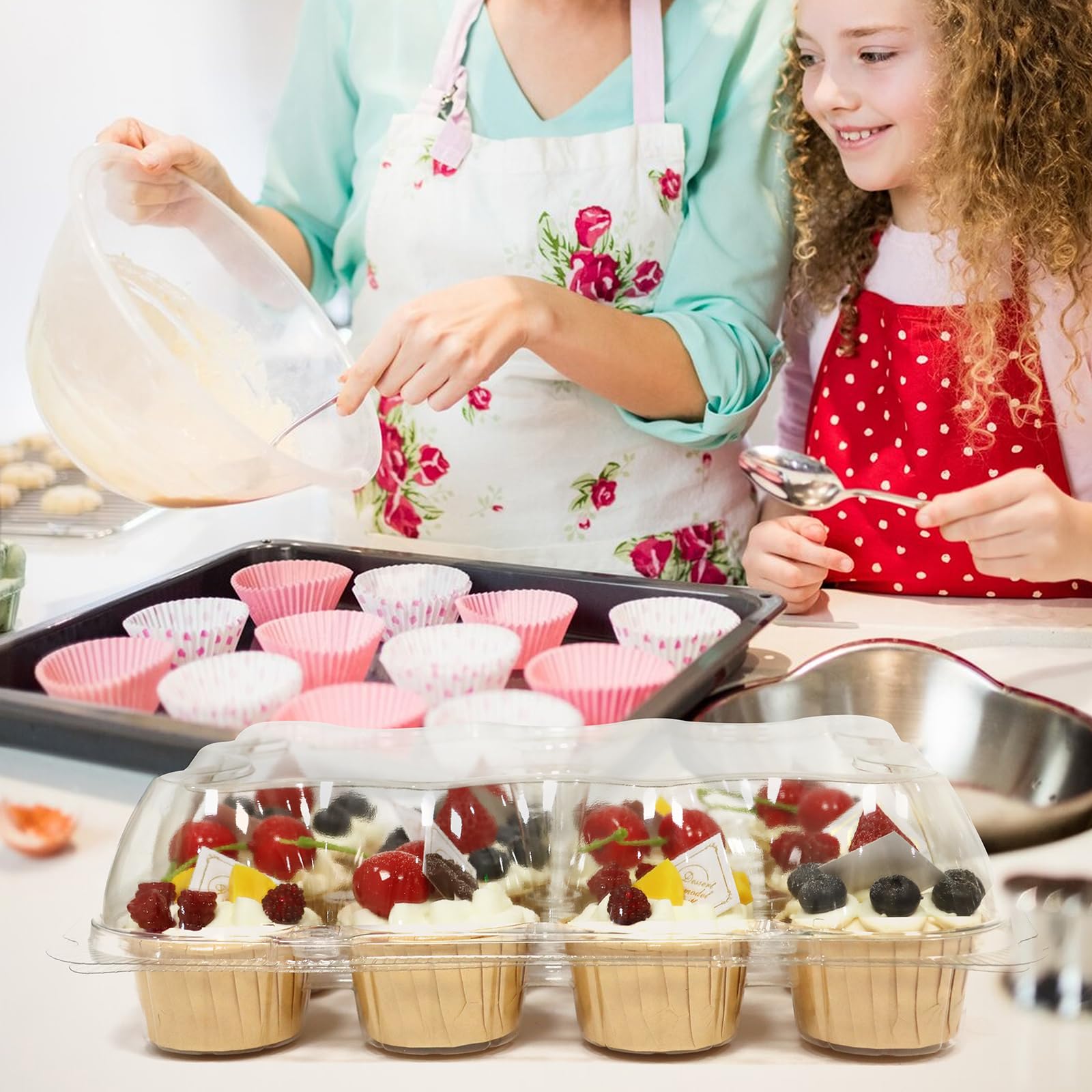 WIKDAY (12 unidades x 20 juegos de recipientes de plástico para cupcakes, duradero y sin BPA, con tapa para un fácil almacenamiento, apilables, transparentes, cajas de postre reutilizables)