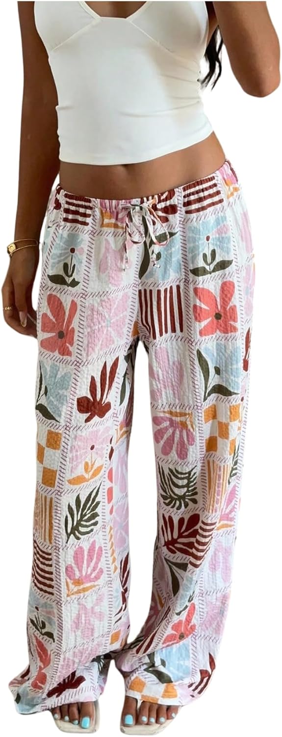 MakeMeChic Women's Fall Boho Pants Graphic Drawstring Low Waisted Straight Leg Vacation Trousers