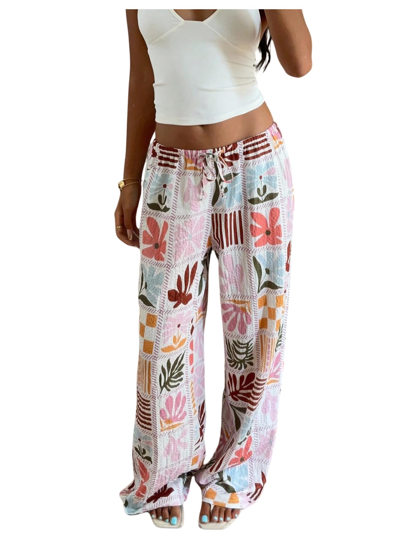 MakeMeChic Womens Fall Boho Pants Graphic Drawstring Low Waisted Straight Leg Vacation Trousers