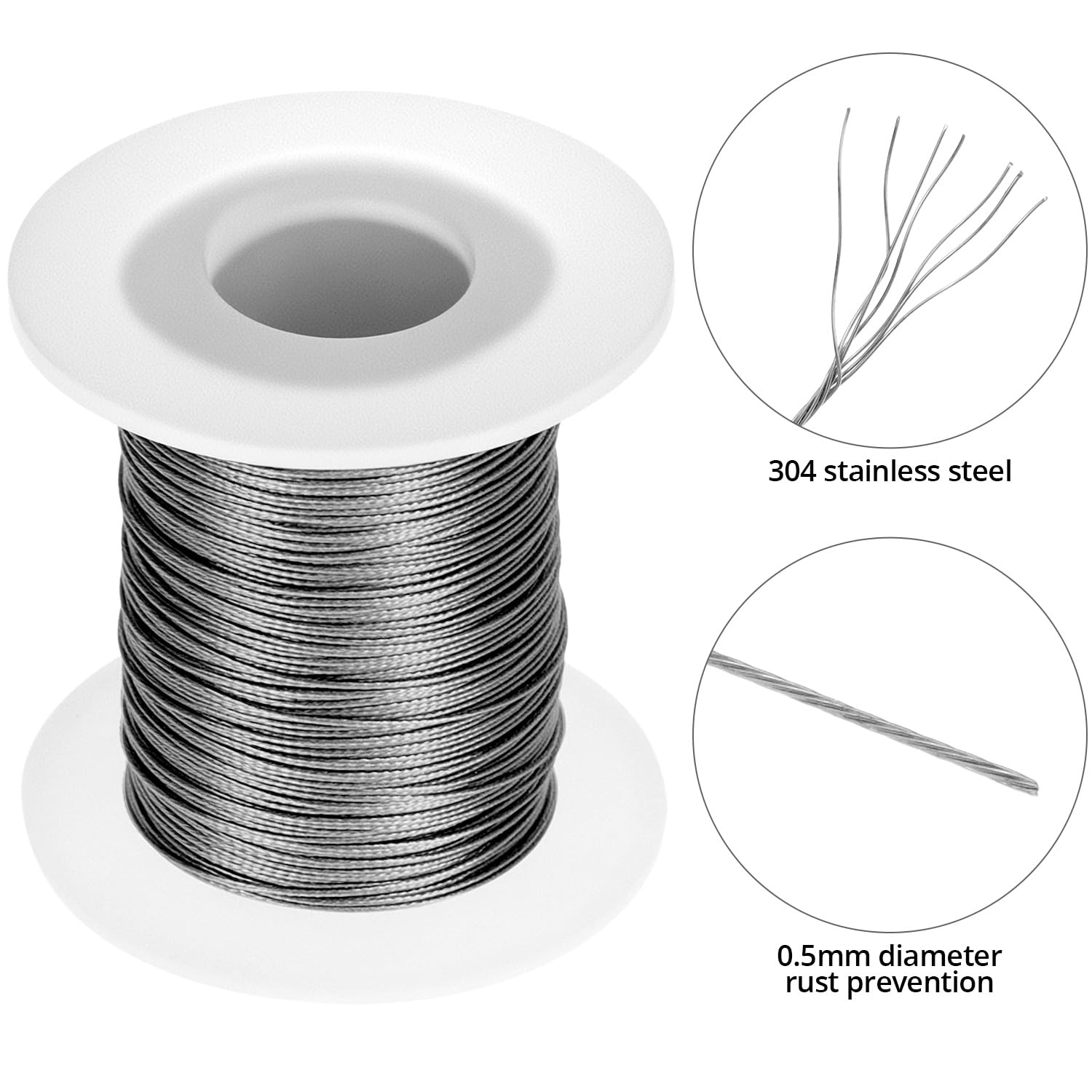 QWORK Drahtseil 100 m, 0,5 mm 304 stal szlachetna ramka na zdjęcia drut wiszący z 30 aluminiowymi zaślepkami zaciskowymi, do ramek na zdjęcia, lustra