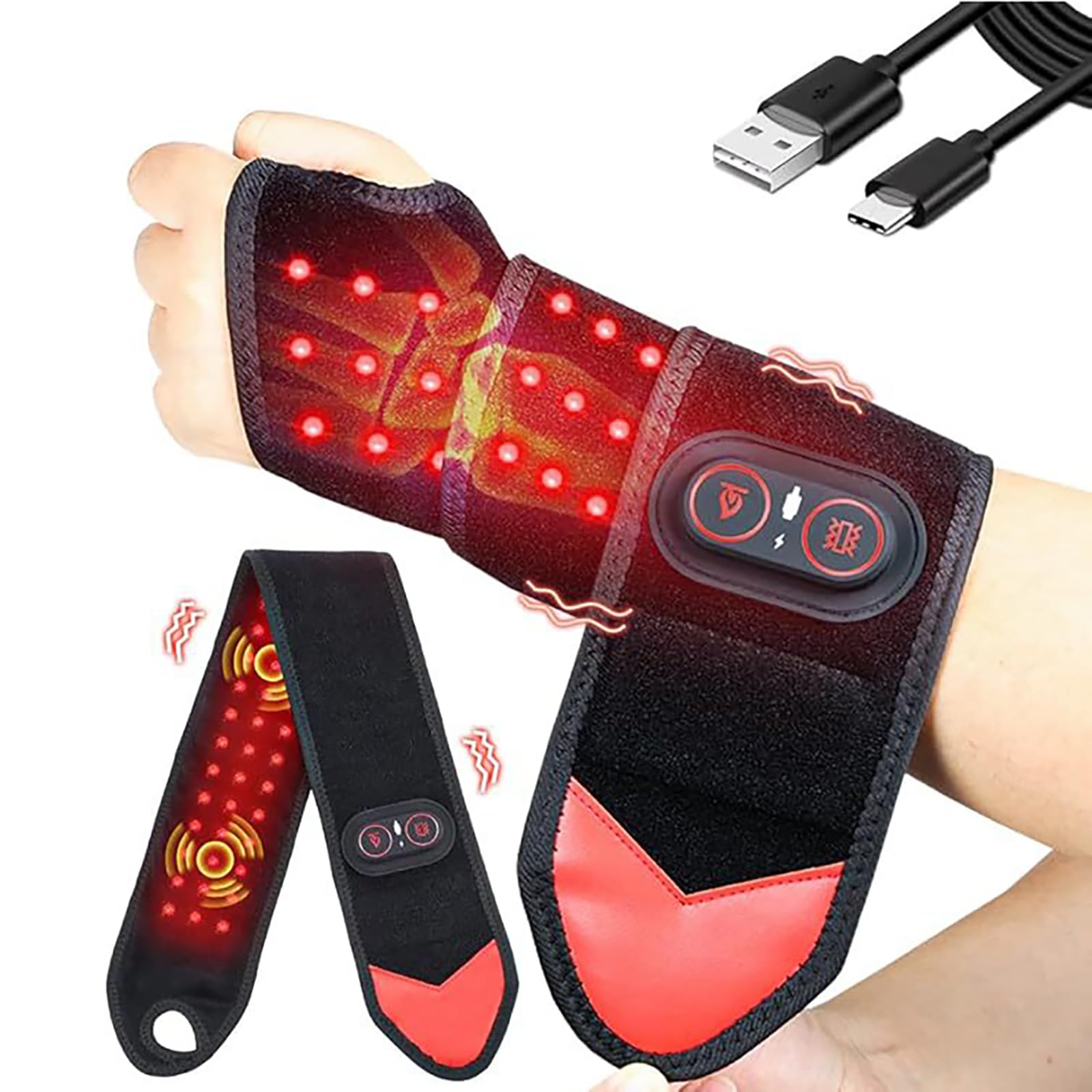 Massaggiatore da polso con luce rossa e vibrazioni, massaggiatore per mani wireless e cuscinetto termico, 3 livelli di calore (45-65°C) - fascia da polso riscaldabile per mano, braccio, ginocchio e