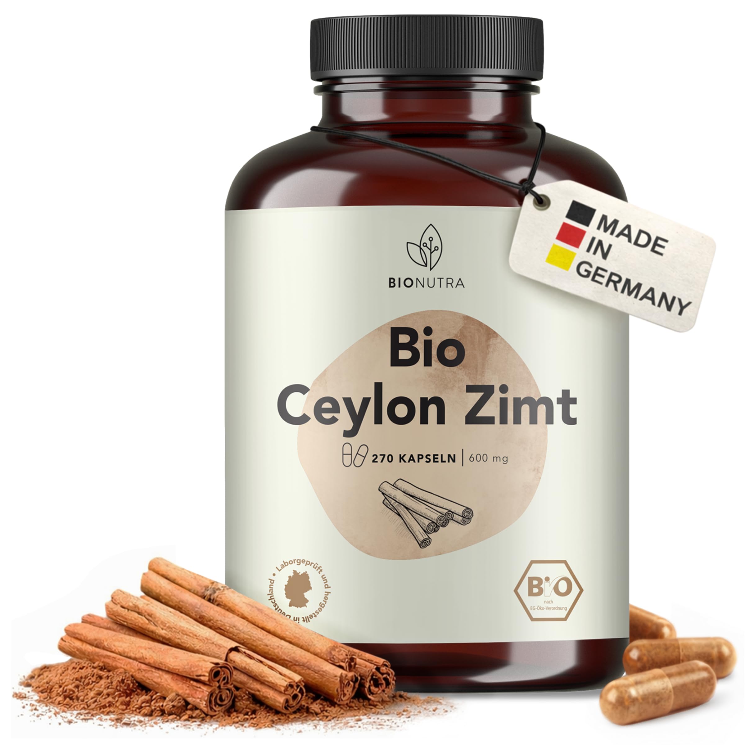 BIONUTRA Gélules de Cannelle de Ceylan Bio, 270 gélules de 600 mg | Poudre d’écorce de cannelle de Ceylan bio, contrôle des résidus, sans additifs, vegan, fabrication en Allemagne