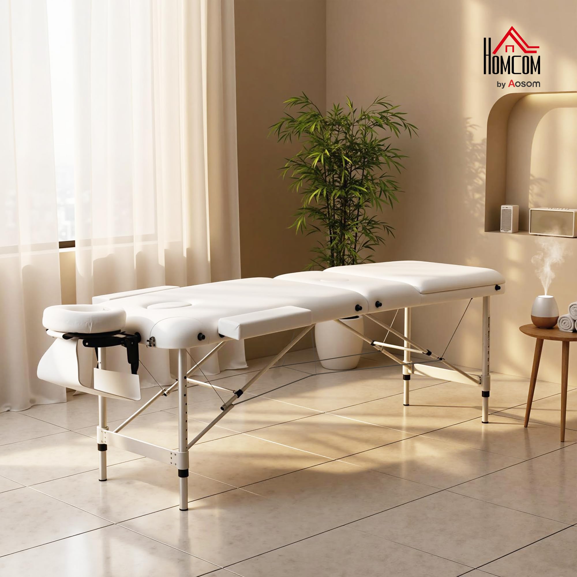 HOMCOM Mobile Massageliege 3 Zonen Klappbar Massagetisch mit Kopfstütze Armlehne Tragetasche höhenverstellbare Aluminium Massagebett tragbar inkl. Zubehör Massagebank bis 225 kg Belast Weiß