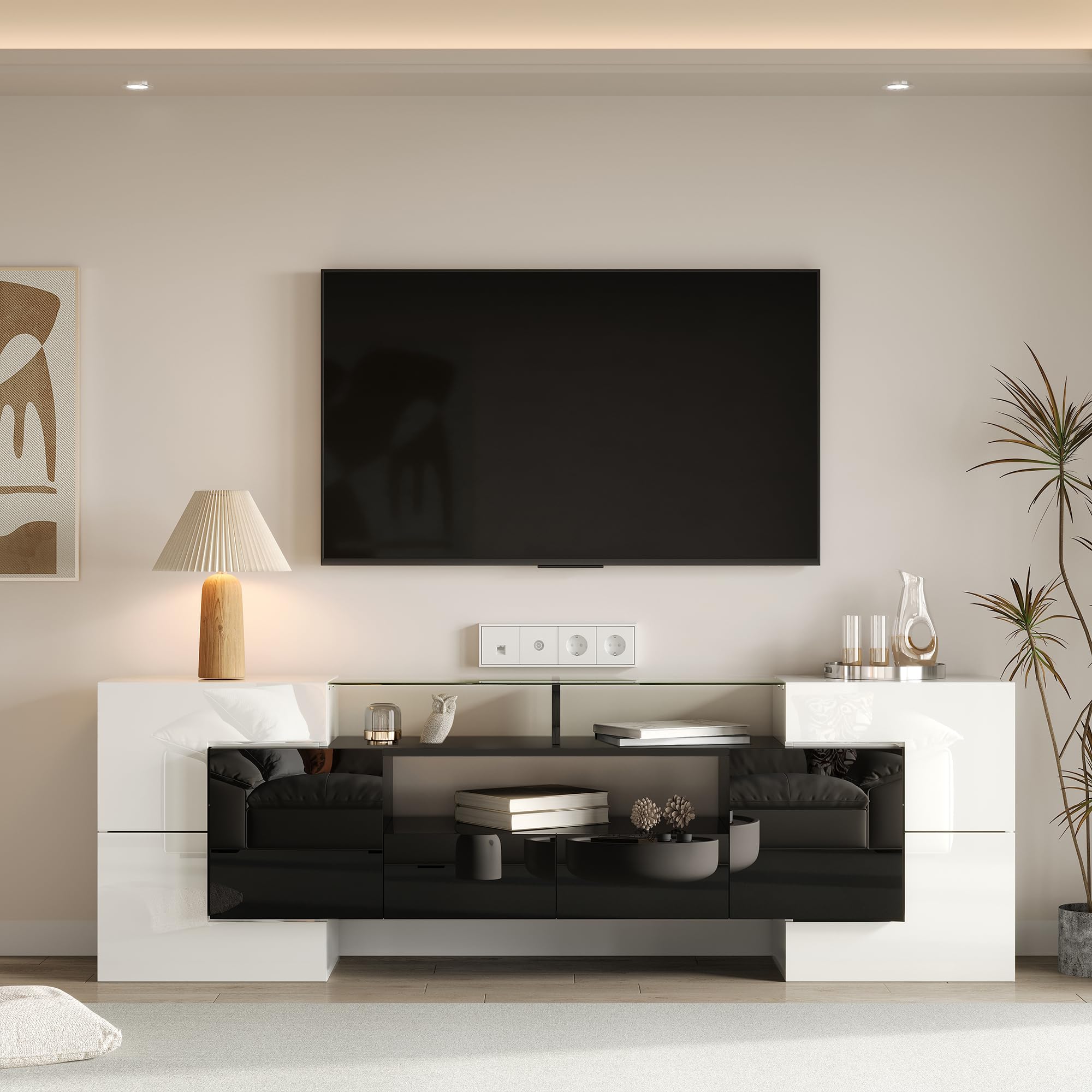 Kayan Moderner TV Schrank, Fernsehtisch mit 6 Schließfach, 2 Schublade und 3 offenes Regal, 200cm lang, Hochglänzendes LED-TV-Lowboard für Wohnzimmer und Esszimmer (Weiß)